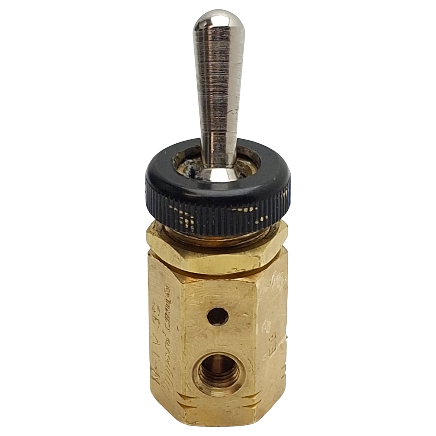 Used Clippard M-TV-3S Brass Toggle Valve, 3-Way NC, #10-32, 10bar Max, 125L/min, M12