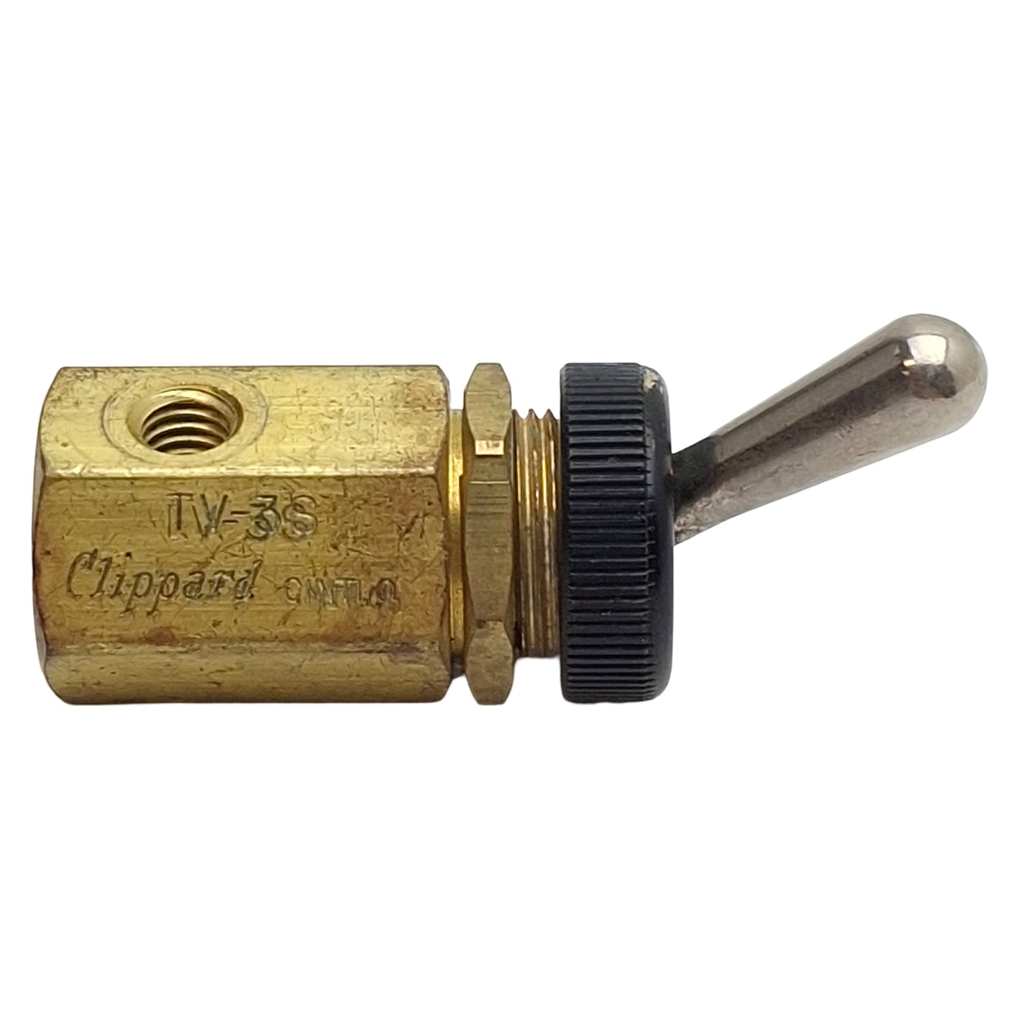 Used Clippard TV-3S Brass Toggle Valve, 3-Way NC, #10-32, 150psi Max, 135L/min