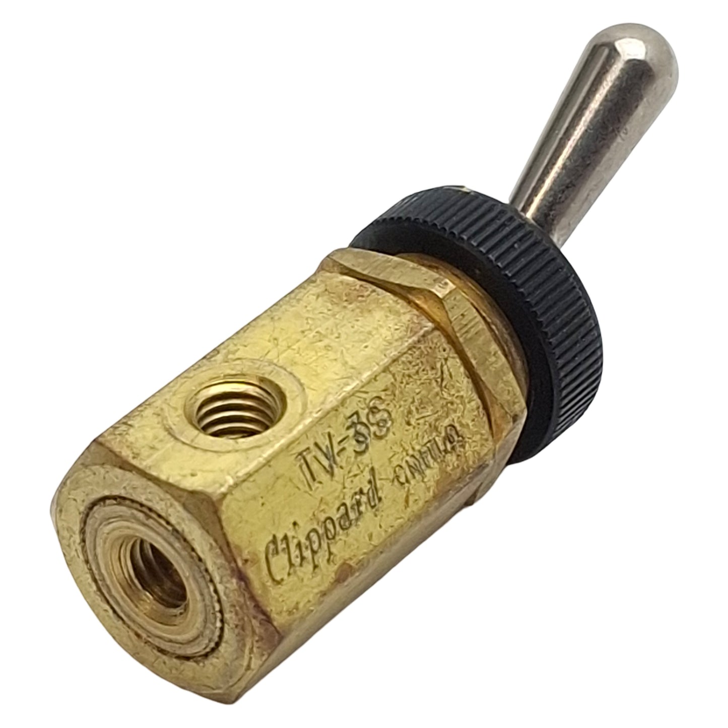 Used Clippard TV-3S Brass Toggle Valve, 3-Way NC, #10-32, 150psi Max, 135L/min