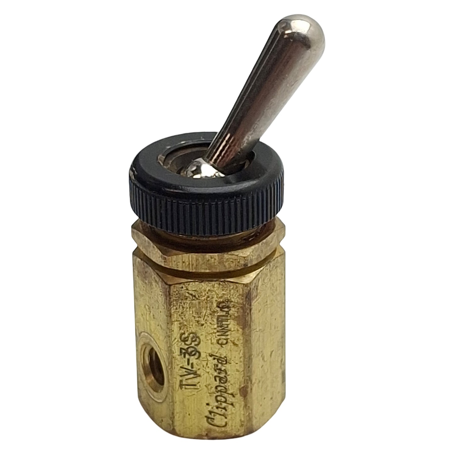 Used Clippard TV-3S Brass Toggle Valve, 3-Way NC, #10-32, 150psi Max, 135L/min