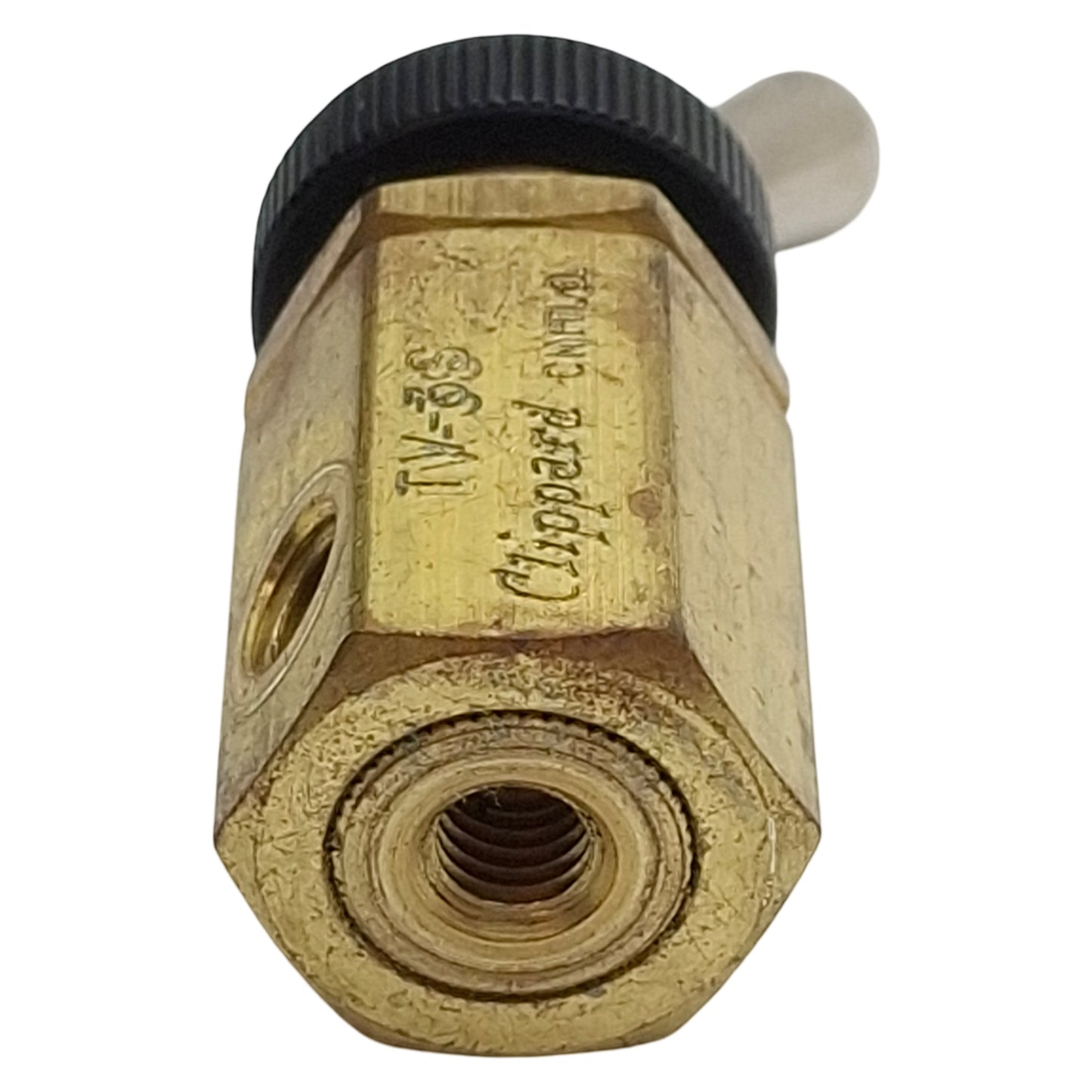 Used Clippard TV-3S Brass Toggle Valve, 3-Way NC, #10-32, 150psi Max, 135L/min