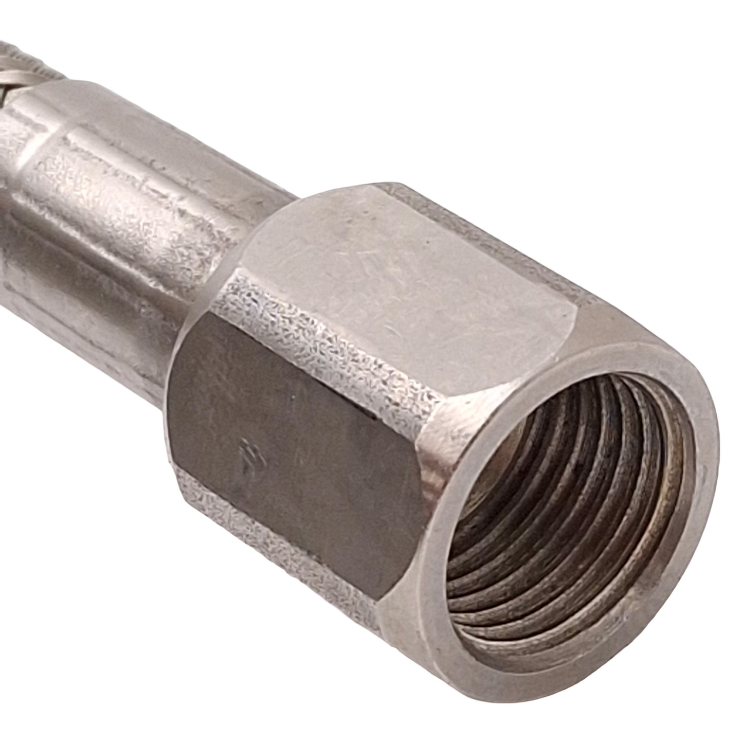 Used Stainless Steel Braided Hose, ø0.45in OD, 1/4in JIC #6 Flare Fittings, 12ft