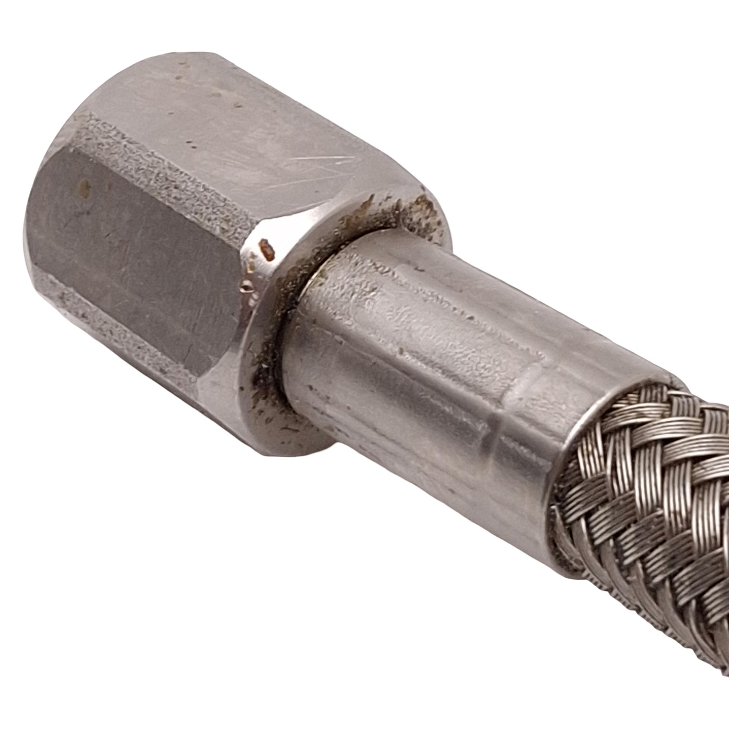 Used Stainless Steel Braided Hose, ø0.45in OD, 1/4in JIC #6 Flare Fittings, 12ft