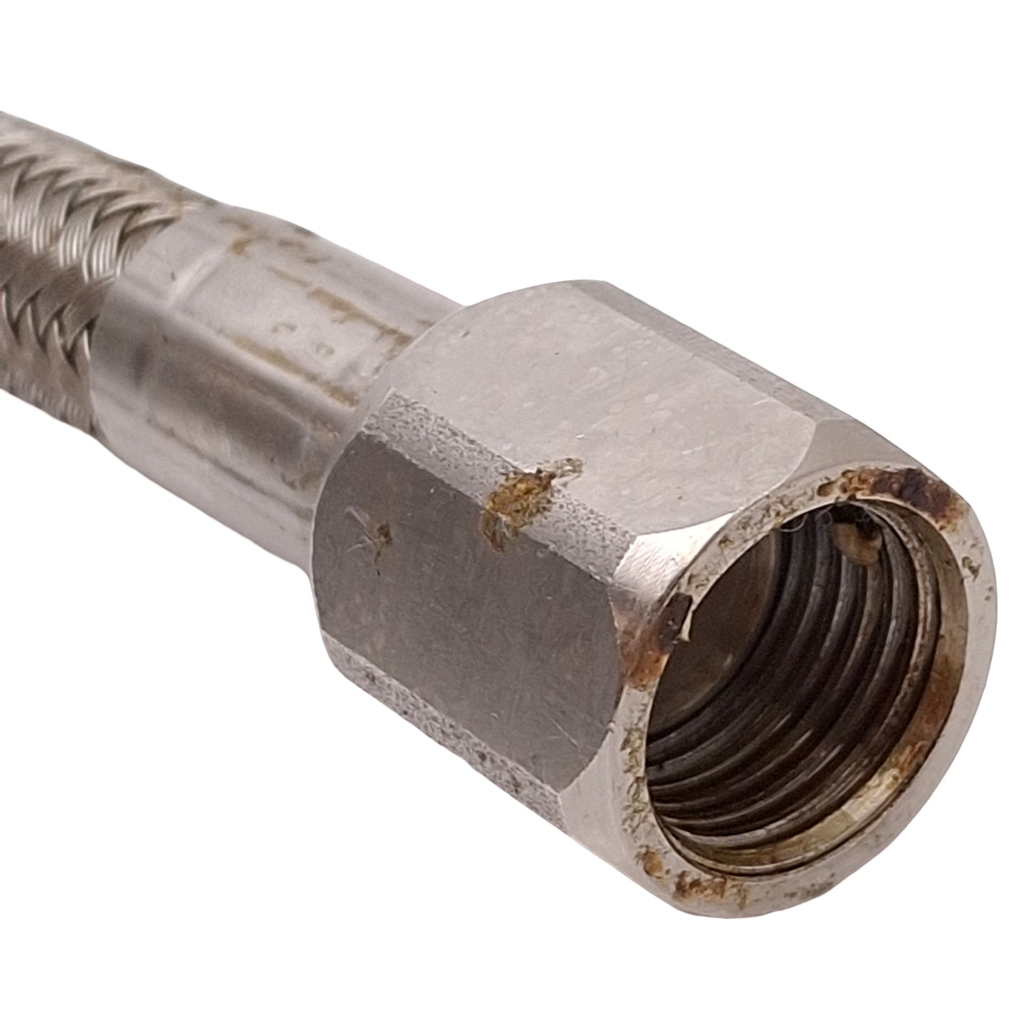 Used Stainless Steel Braided Hose, ø0.45in OD, 1/4in JIC #6 Flare Fittings, 12ft