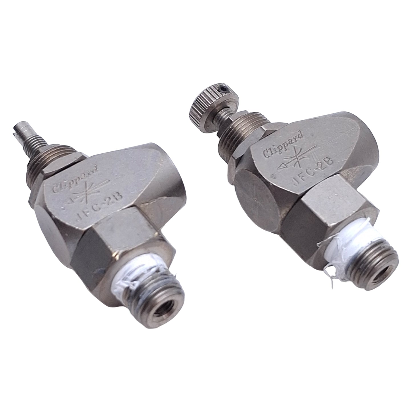 Used Lot of 2 Clippard JFC-2B Right Angle Flow Control 310l/min, 150psi Max, 1/8" NPT