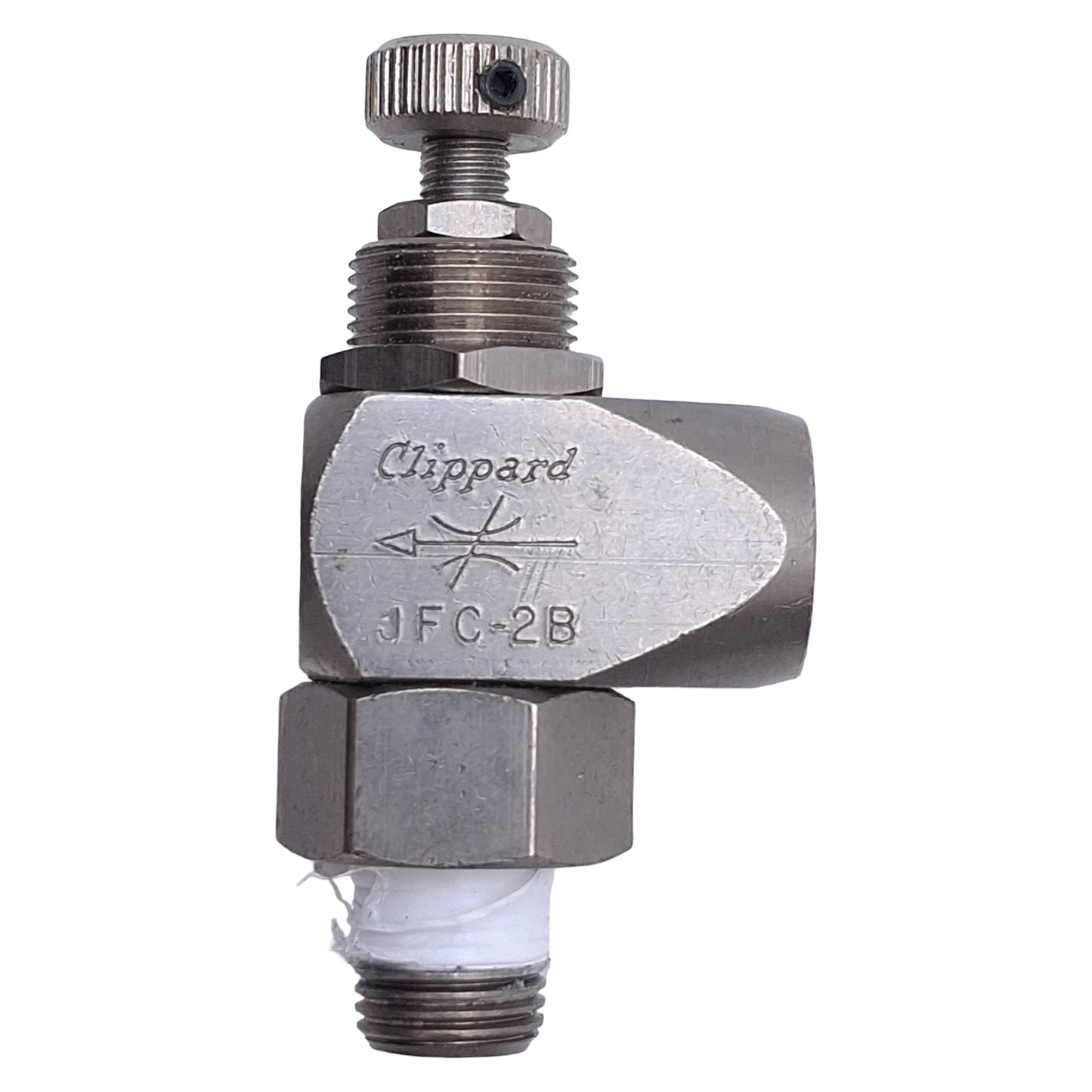 Used Lot of 2 Clippard JFC-2B Right Angle Flow Control 310l/min, 150psi Max, 1/8" NPT