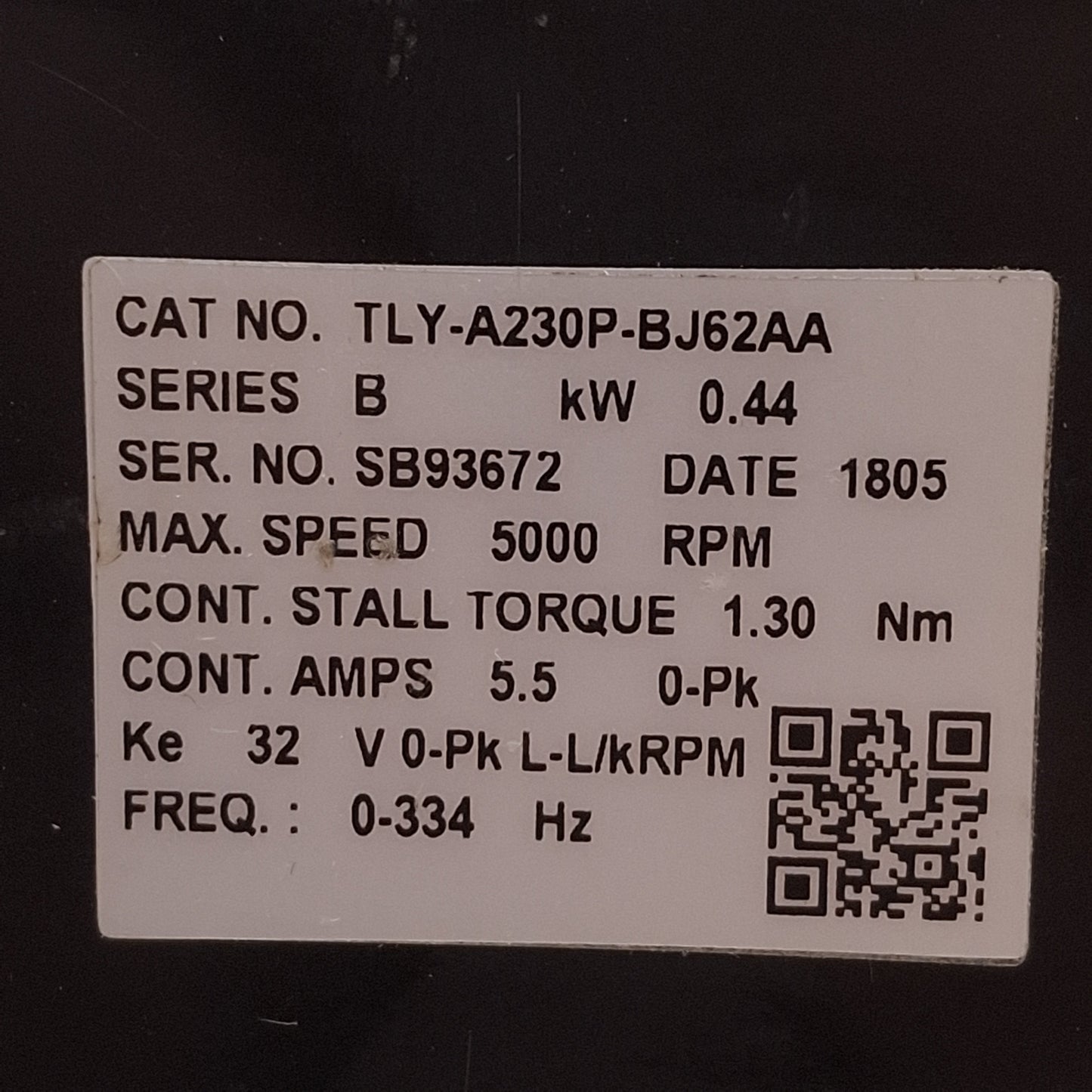 Used Allen Bradley TLY-A230P-BJ62AA Servo Motor, 0.44kW 3Ø 230VAC, 70mm Frame