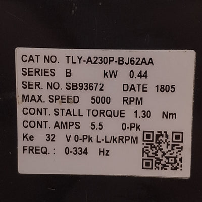 Used Allen Bradley TLY-A230P-BJ62AA Servo Motor, 0.44kW 3Ø 230VAC, 70mm Frame