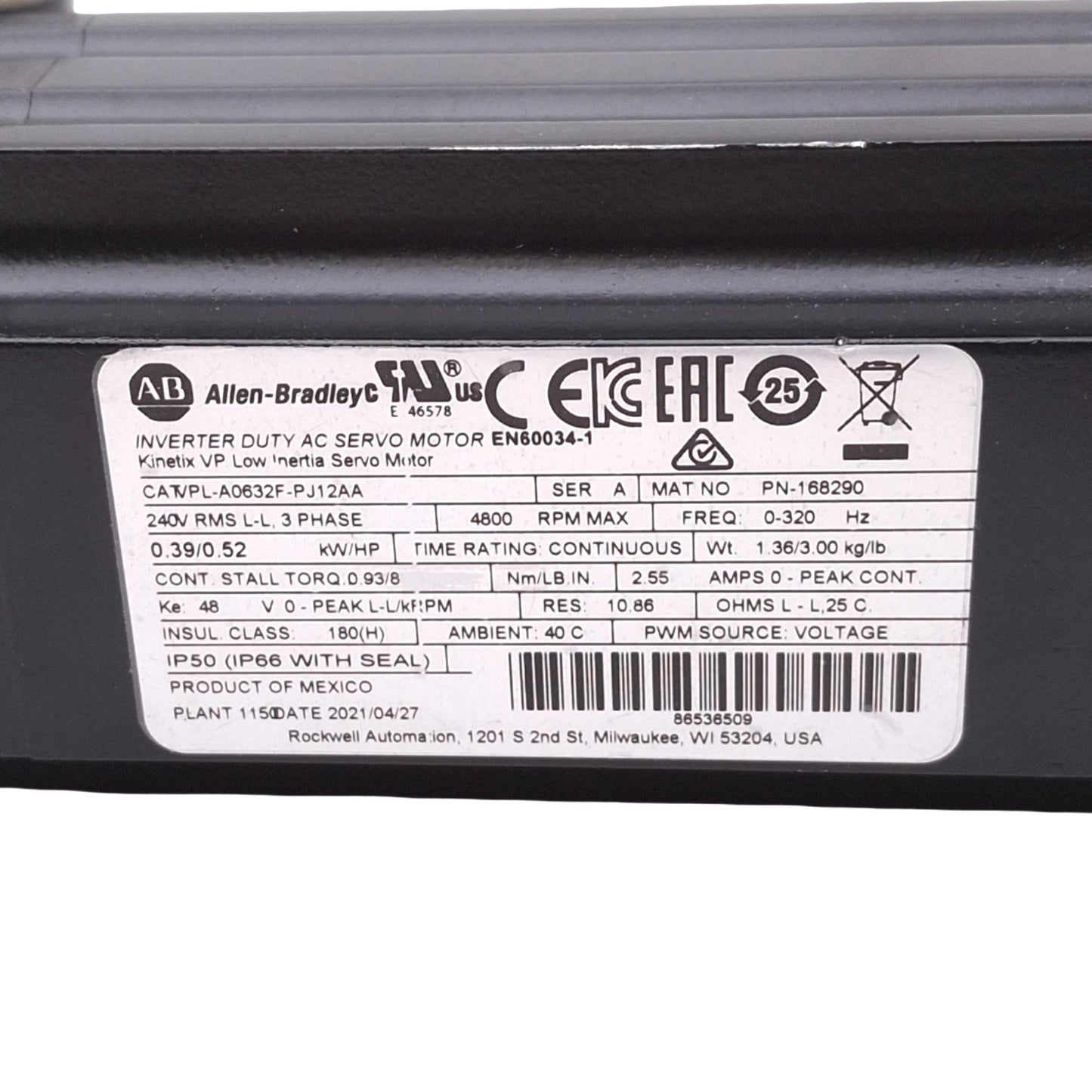 Used Allen Bradley VPL-A0632F-PJ12AA Brushless AC Servo Motor, 240VAC 3-Phase 4800rpm