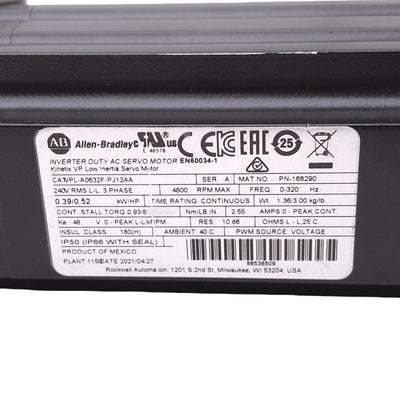 Used Allen Bradley VPL-A0632F-PJ12AA Brushless AC Servo Motor, 240VAC 3-Phase 4800rpm