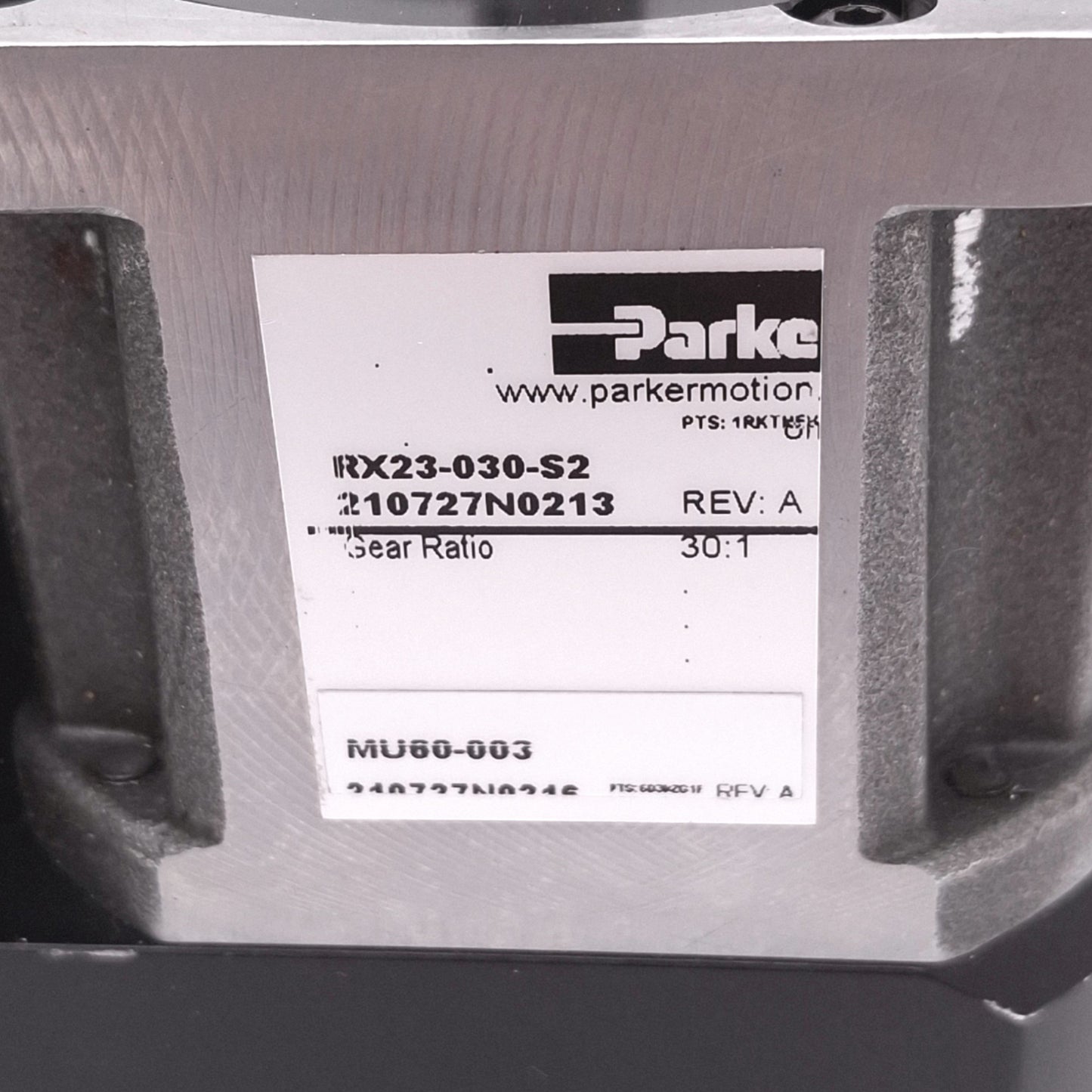 Used Parker RX23-030-S2 Right Angle Gearhead, 30:1, 6000rpm 2100N Max, NEMA 23