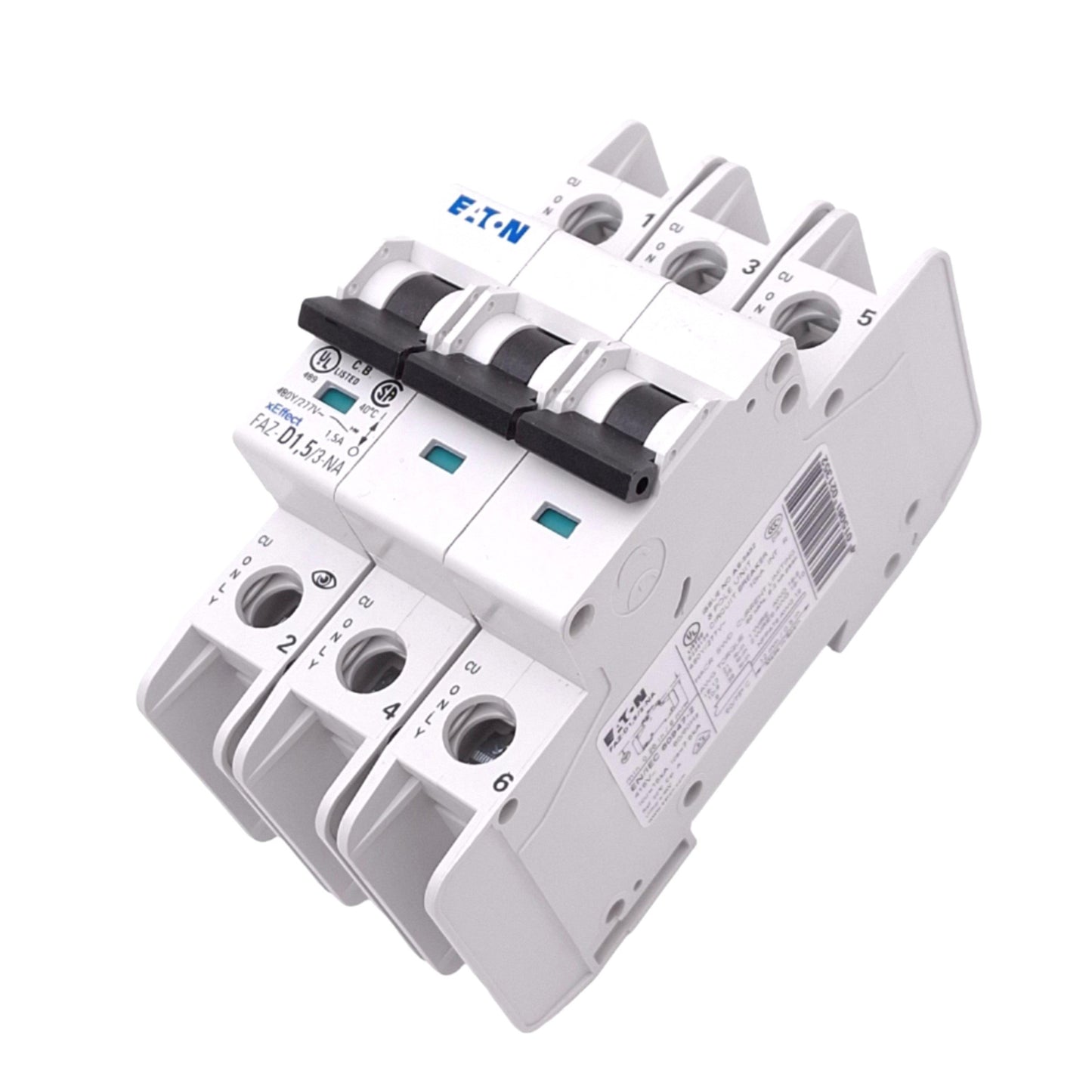 Used Eaton FAZ-D1,5/3-NA Circuit Breaker, 3-Pole 1.5A, 480Y/277VAC Max, DIN Rail