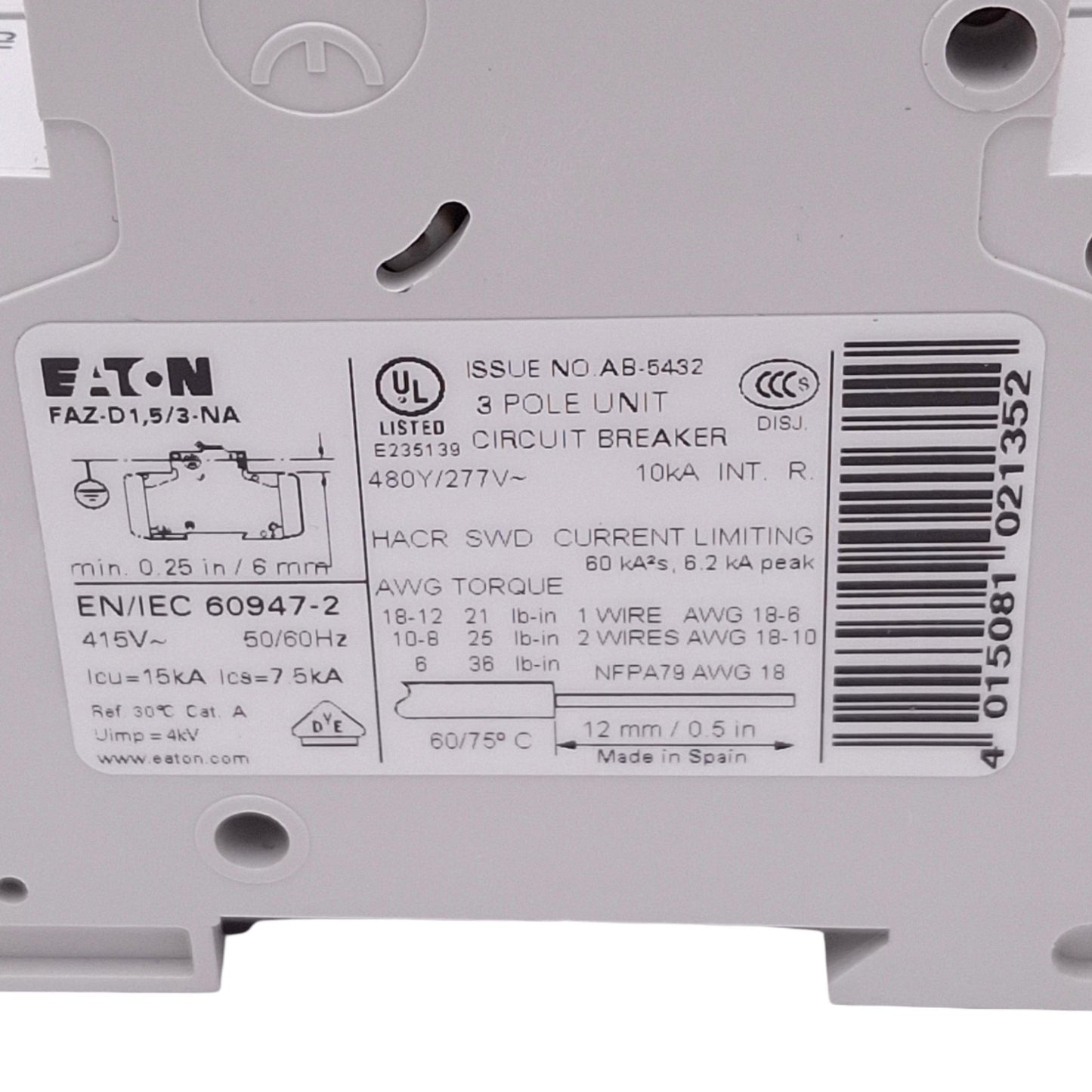 Used Eaton FAZ-D1,5/3-NA Circuit Breaker, 3-Pole 1.5A, 480Y/277VAC Max, DIN Rail