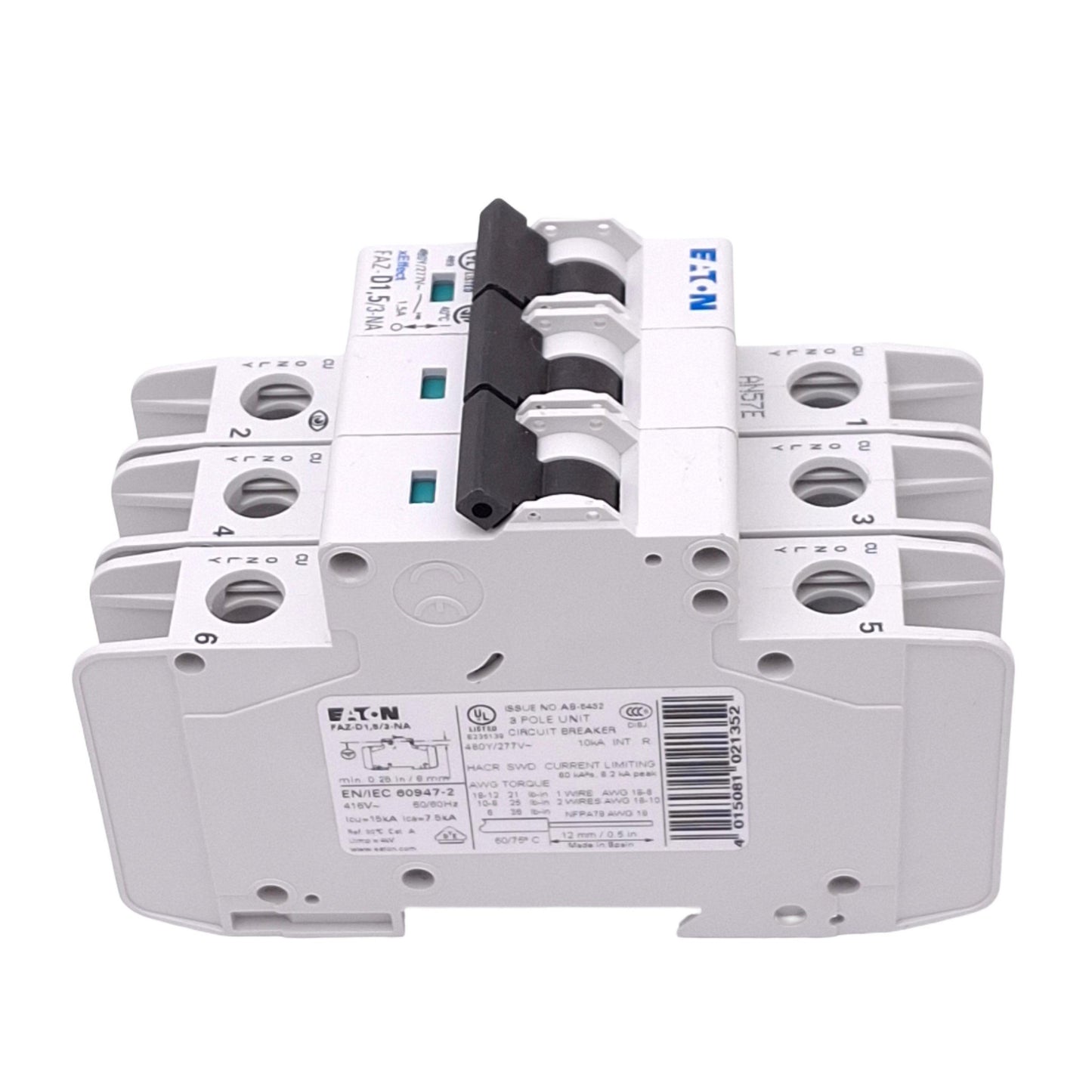 Used Eaton FAZ-D1,5/3-NA Circuit Breaker, 3-Pole 1.5A, 480Y/277VAC Max, DIN Rail