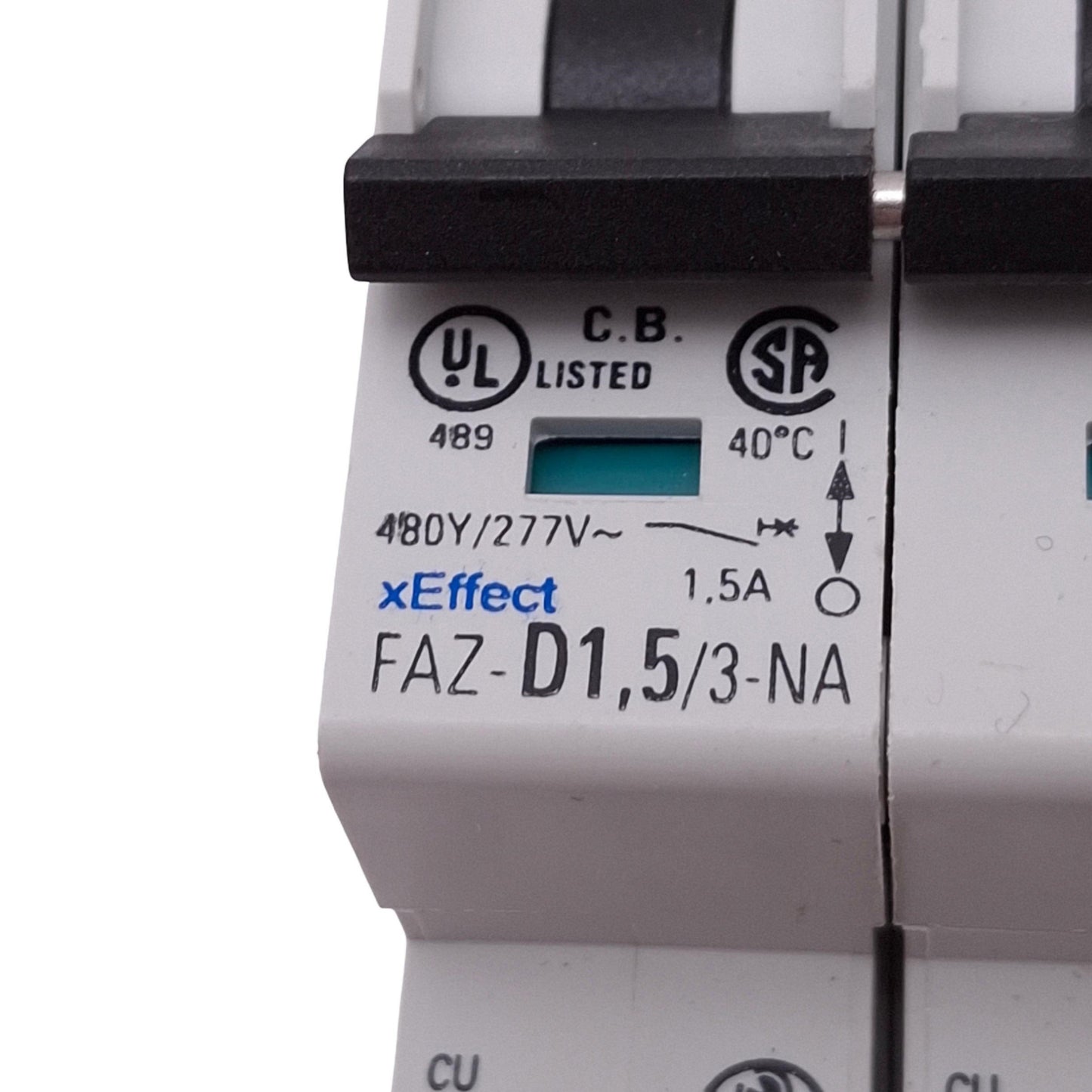 Used Eaton FAZ-D1,5/3-NA Circuit Breaker, 3-Pole 1.5A, 480Y/277VAC Max, DIN Rail