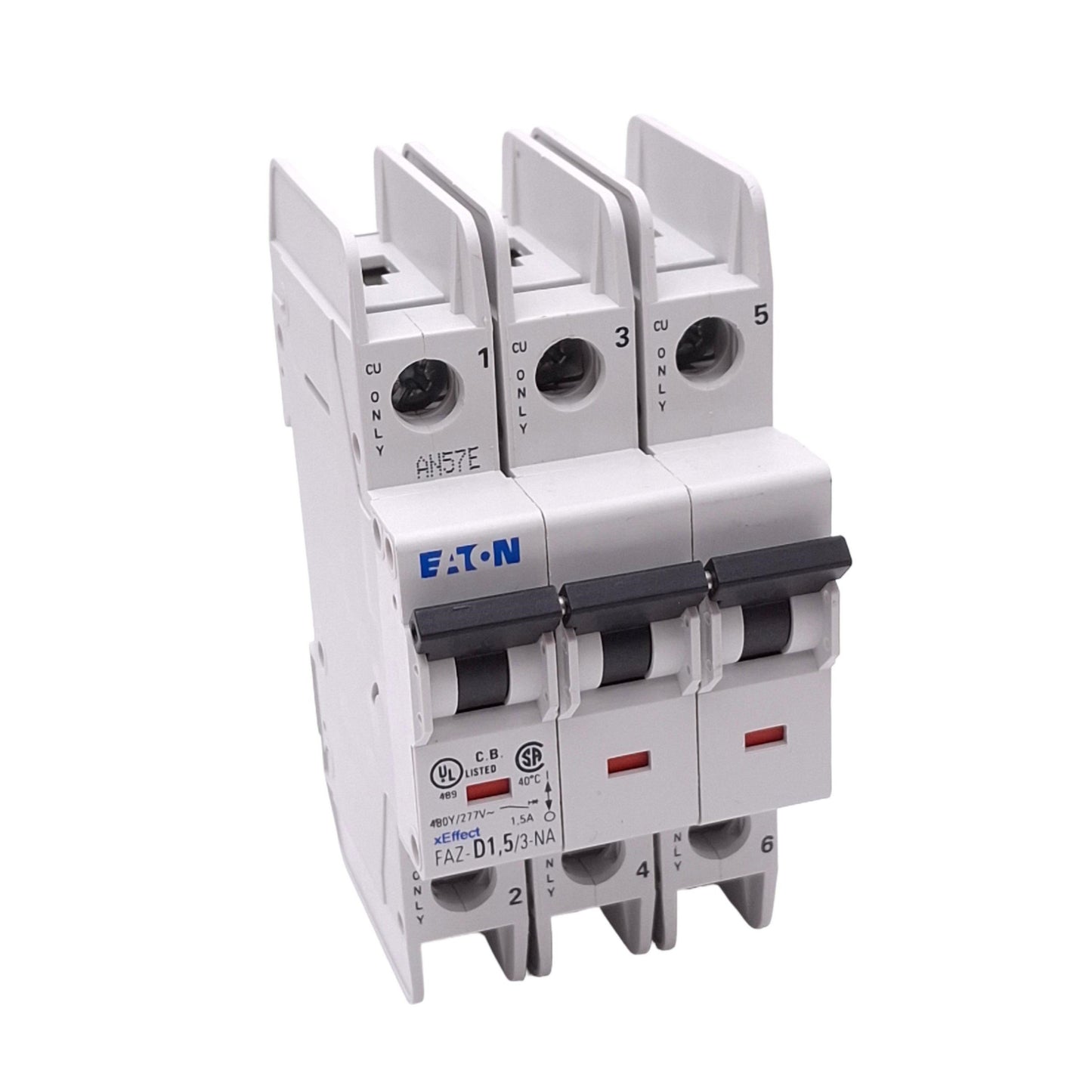 Used Eaton FAZ-D1,5/3-NA Circuit Breaker, 3-Pole 1.5A, 480Y/277VAC Max, DIN Rail