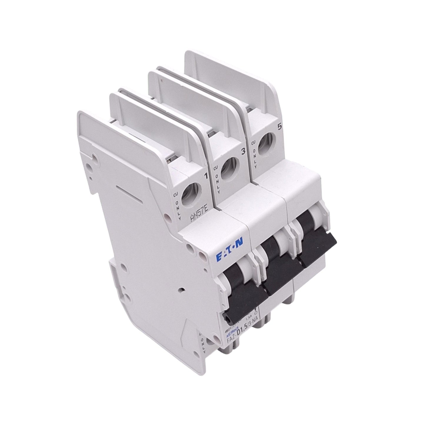 Used Eaton FAZ-D1,5/3-NA Circuit Breaker, 3-Pole 1.5A, 480Y/277VAC Max, DIN Rail