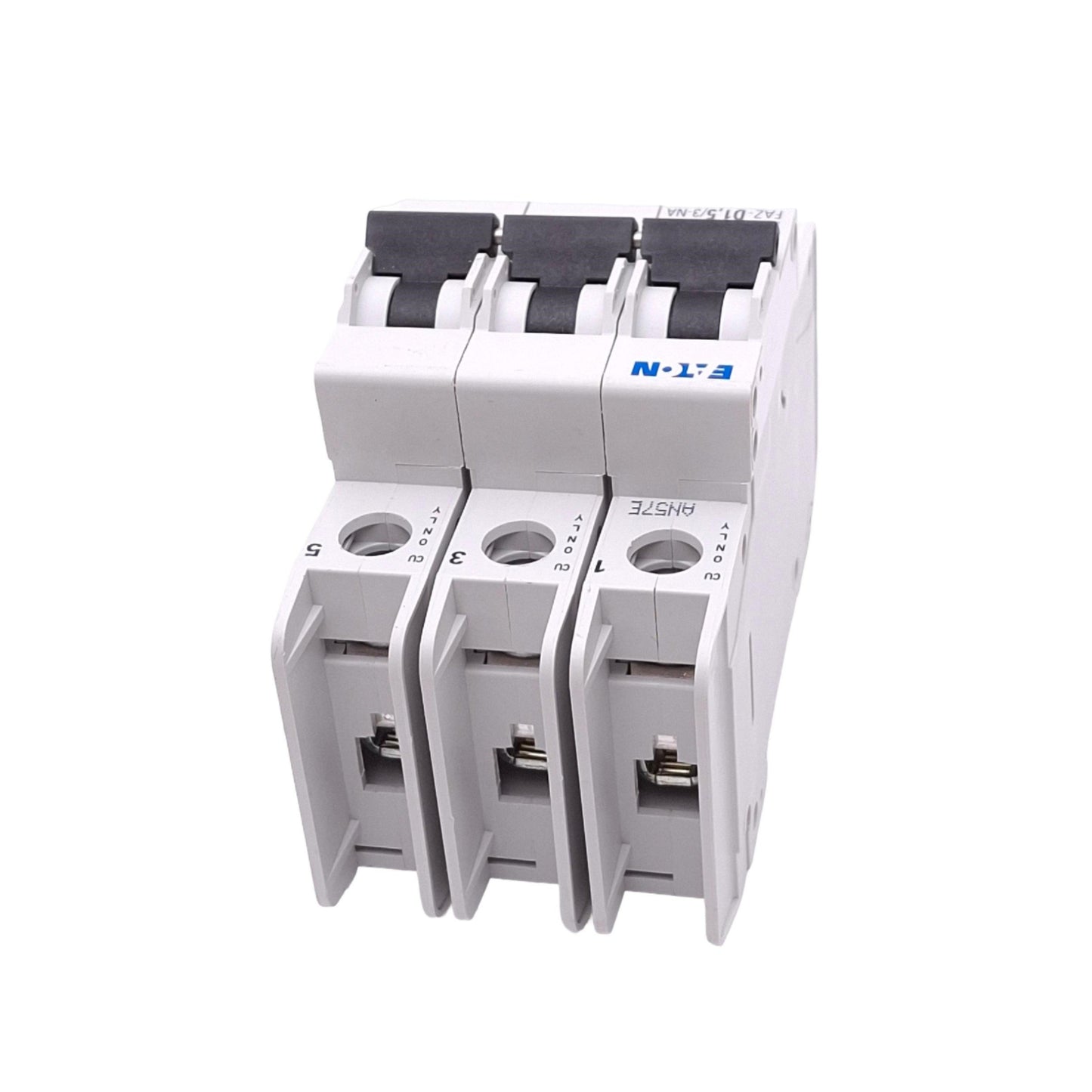 Used Eaton FAZ-D1,5/3-NA Circuit Breaker, 3-Pole 1.5A, 480Y/277VAC Max, DIN Rail