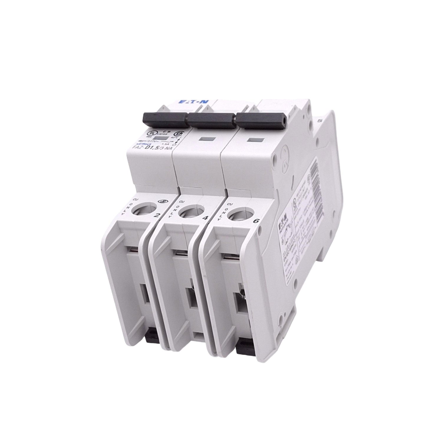 Used Eaton FAZ-D1,5/3-NA Circuit Breaker, 3-Pole 1.5A, 480Y/277VAC Max, DIN Rail