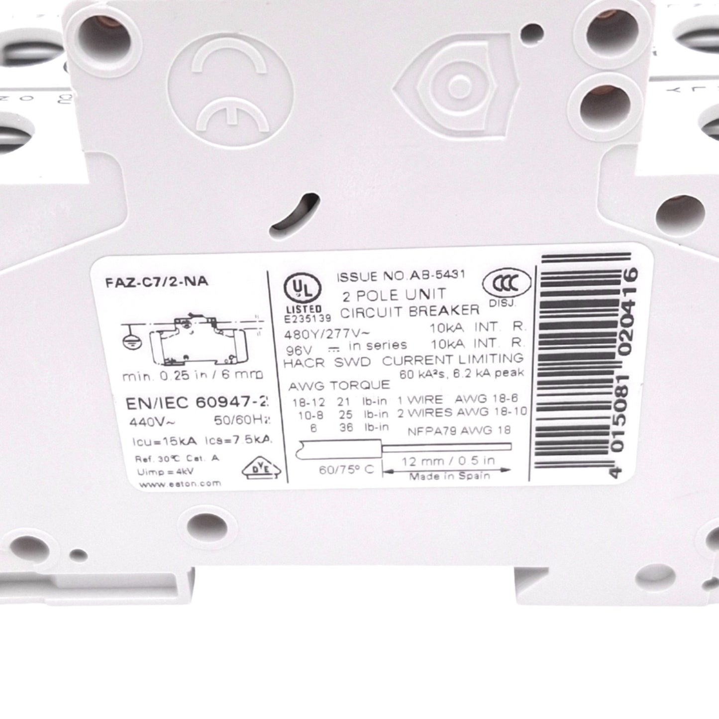 Used Eaton FAZ-C7/2-NA Circuit Breaker, 2-Pole 7A, 480Y/277VAC Max, DIN Rail