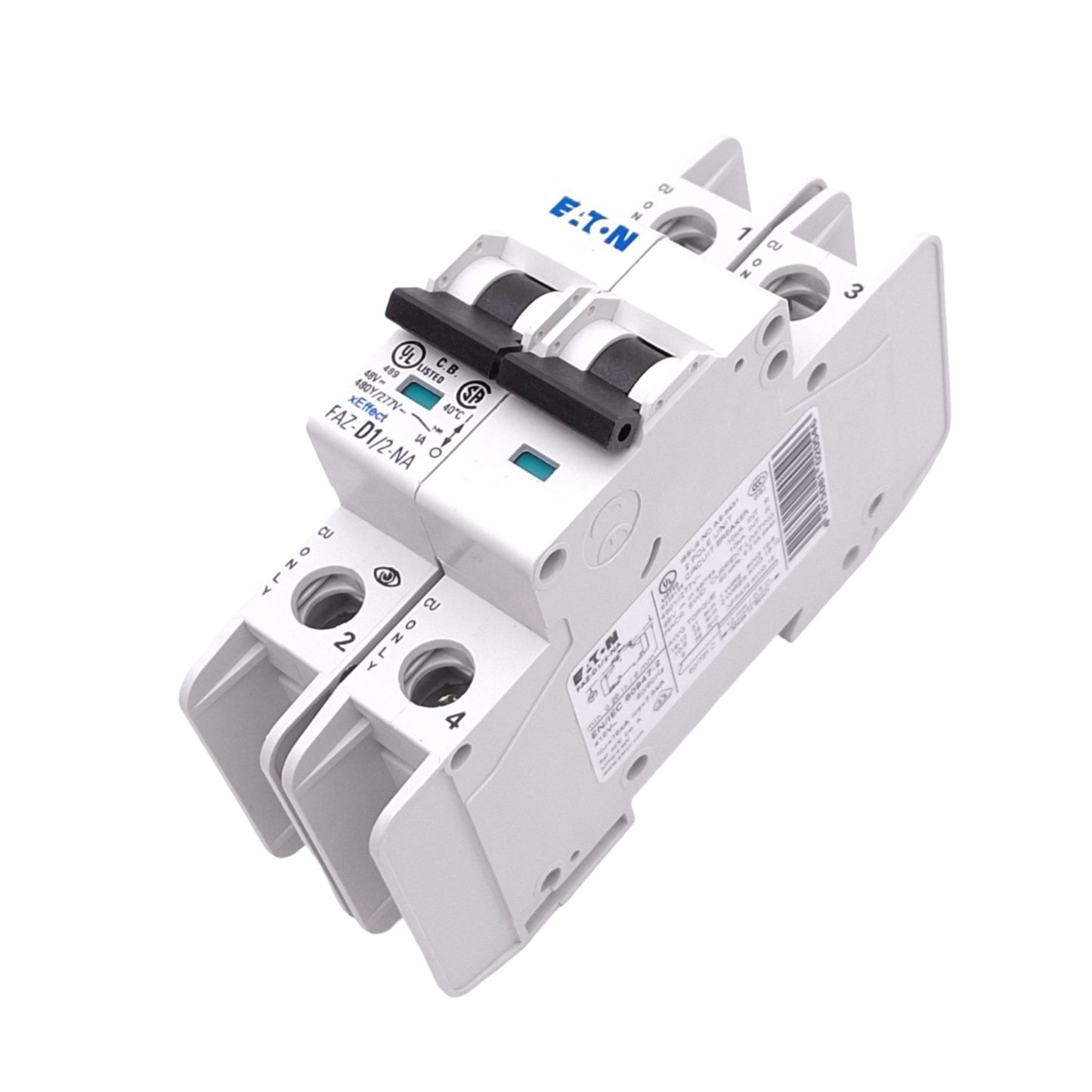 Used Eaton FAZ-D1/2-NA Circuit Breaker, 2-Pole 1A, 480Y/277VAC Max, DIN Rail