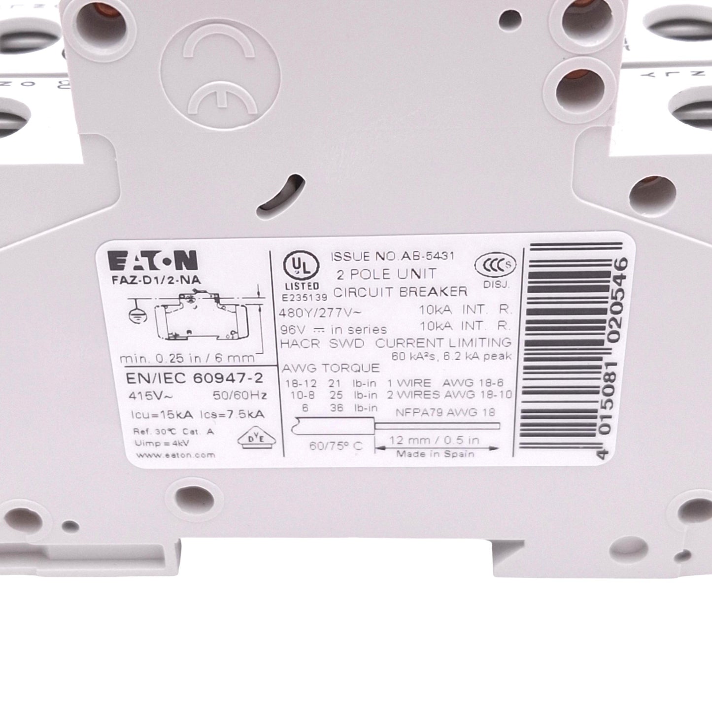Used Eaton FAZ-D1/2-NA Circuit Breaker, 2-Pole 1A, 480Y/277VAC Max, DIN Rail