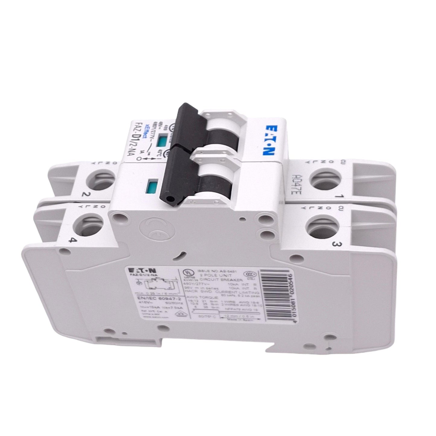 Used Eaton FAZ-D1/2-NA Circuit Breaker, 2-Pole 1A, 480Y/277VAC Max, DIN Rail
