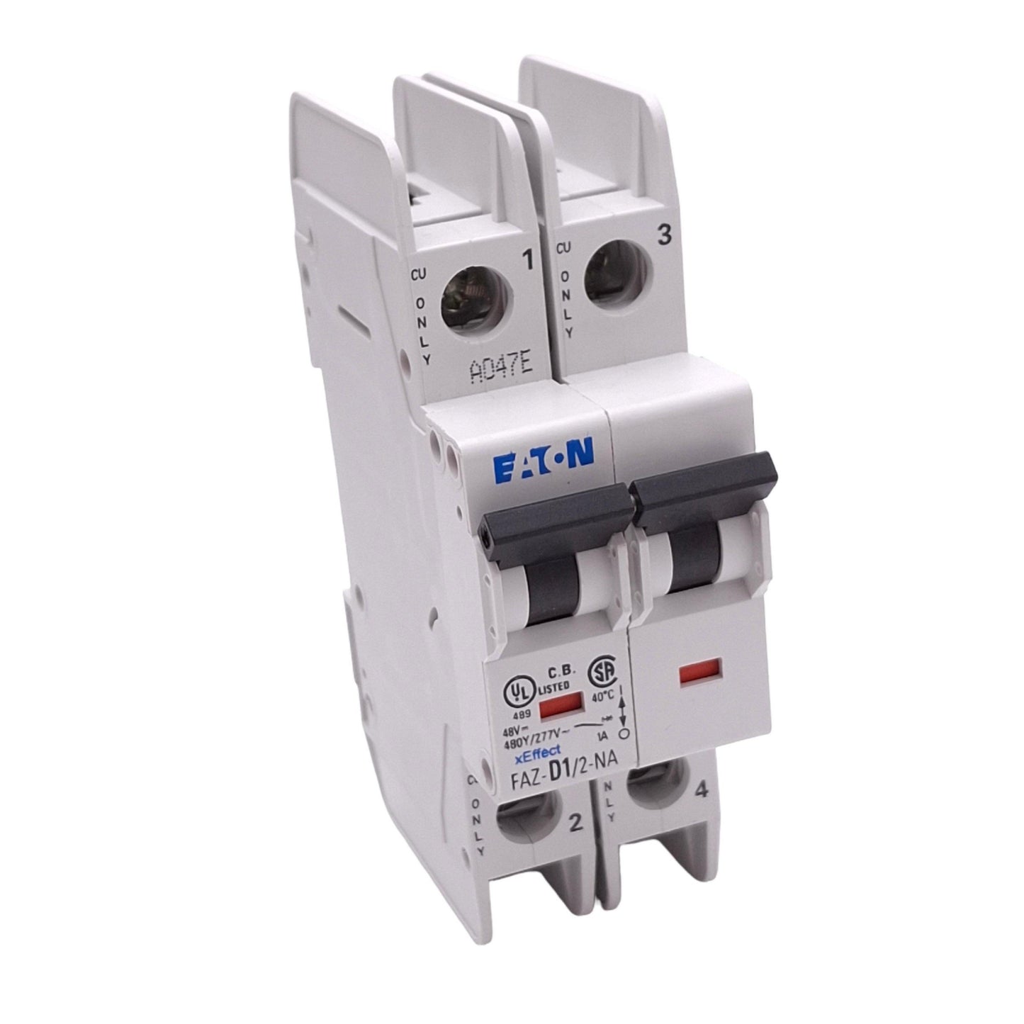 Used Eaton FAZ-D1/2-NA Circuit Breaker, 2-Pole 1A, 480Y/277VAC Max, DIN Rail