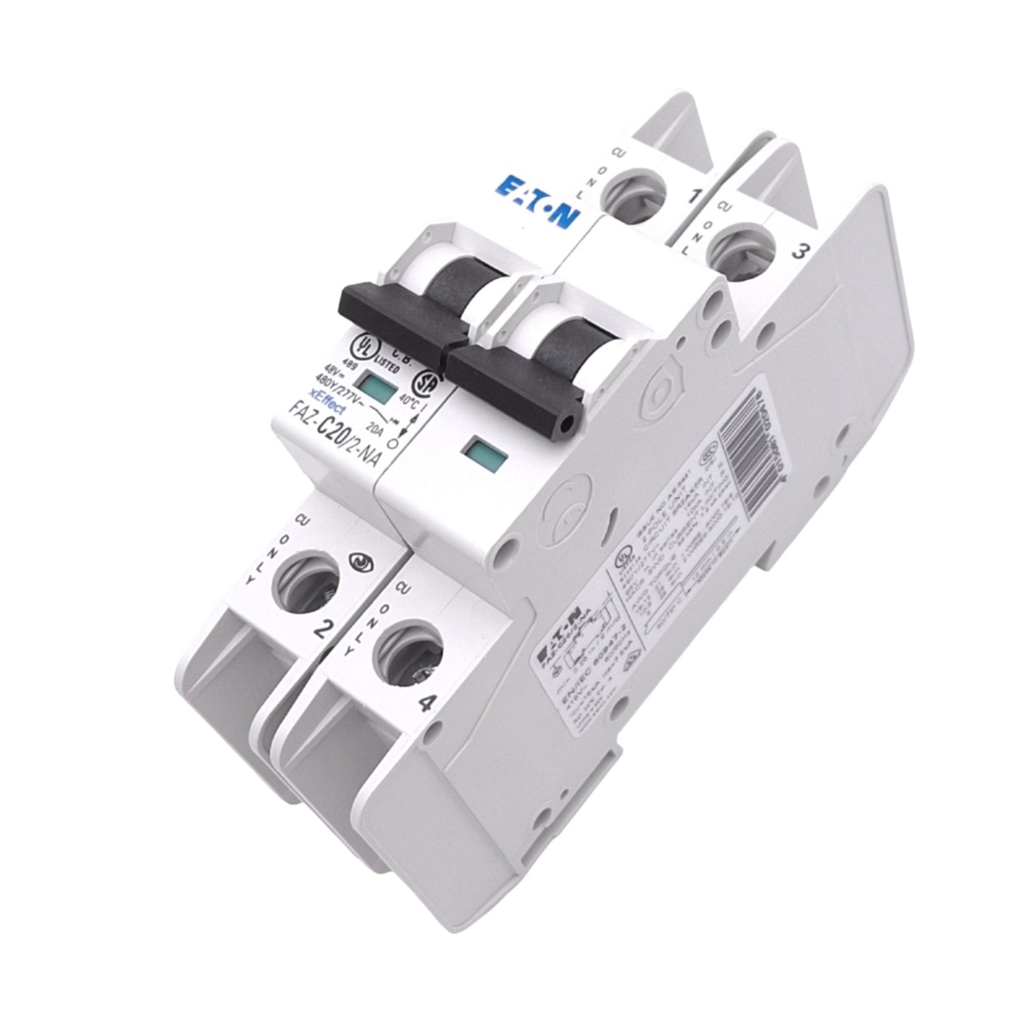 Used Eaton FAZ-C20/2-NA Circuit Breaker, 2-Pole 20A, 480Y/277VAC Max, DIN Rail