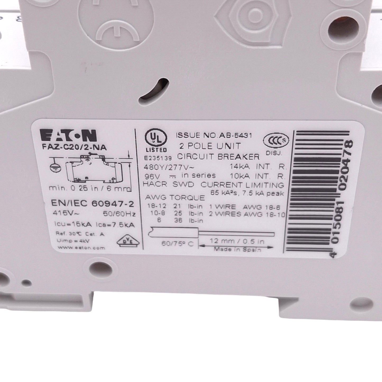 Used Eaton FAZ-C20/2-NA Circuit Breaker, 2-Pole 20A, 480Y/277VAC Max, DIN Rail