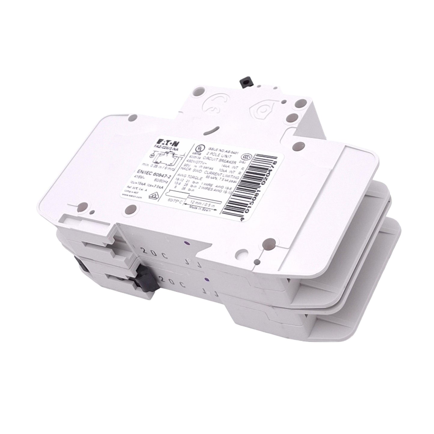 Used Eaton FAZ-C20/2-NA Circuit Breaker, 2-Pole 20A, 480Y/277VAC Max, DIN Rail