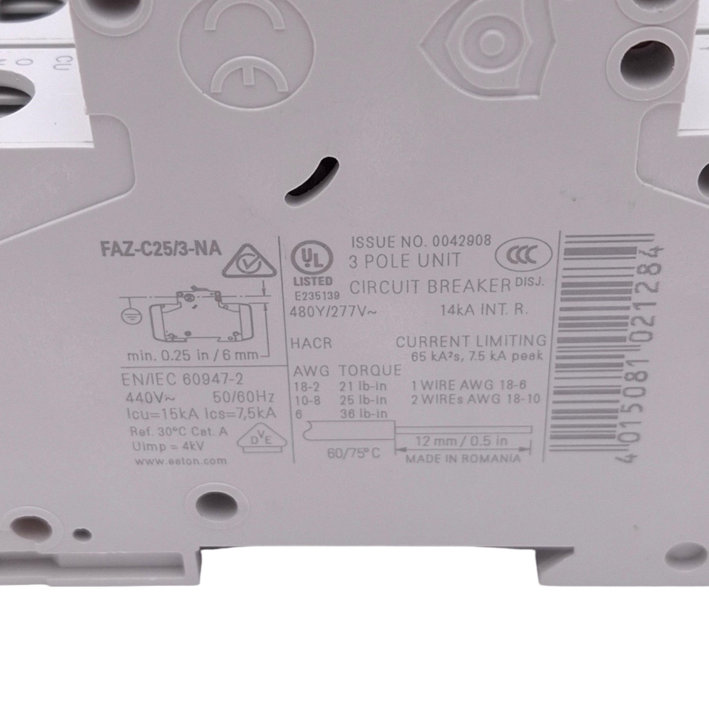 Used Eaton FAZ-C25/3-NA Circuit Breaker, 3-Pole 25A, 480Y/277VAC Max, DIN Rail