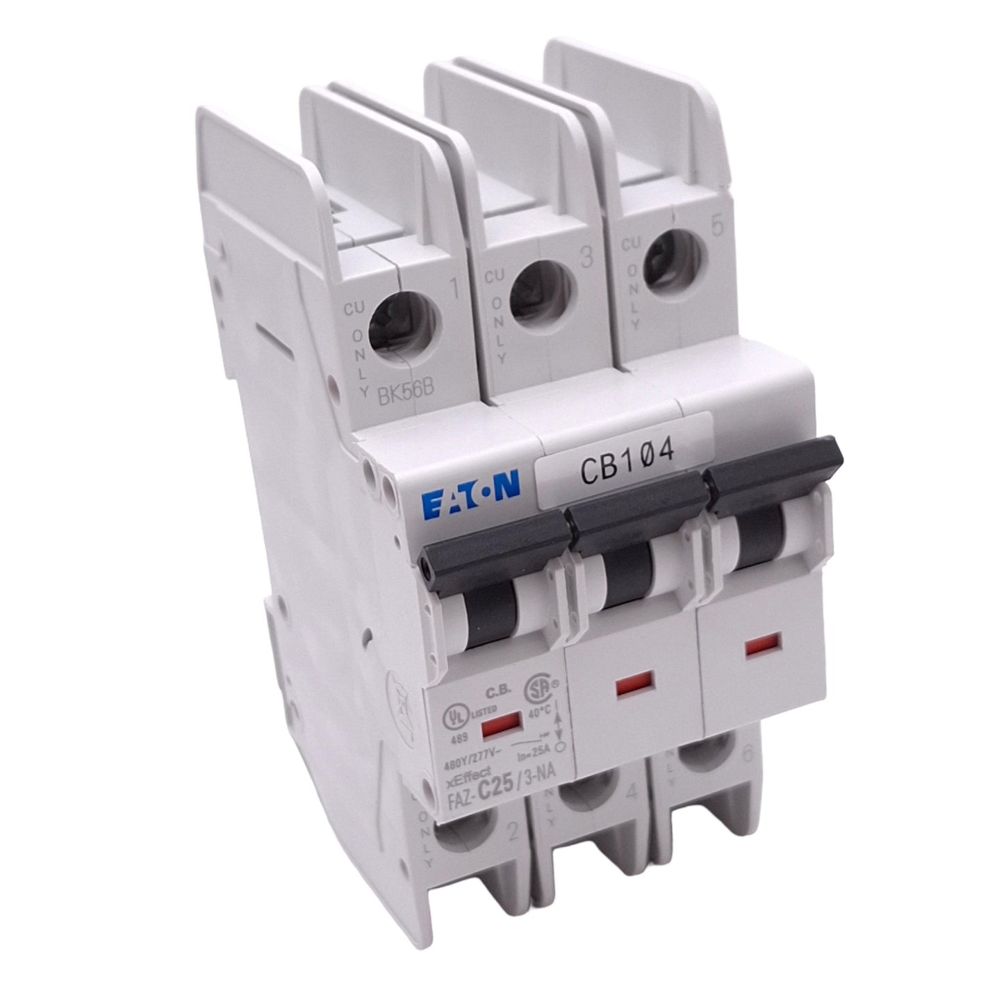 Used Eaton FAZ-C25/3-NA Circuit Breaker, 3-Pole 25A, 480Y/277VAC Max, DIN Rail