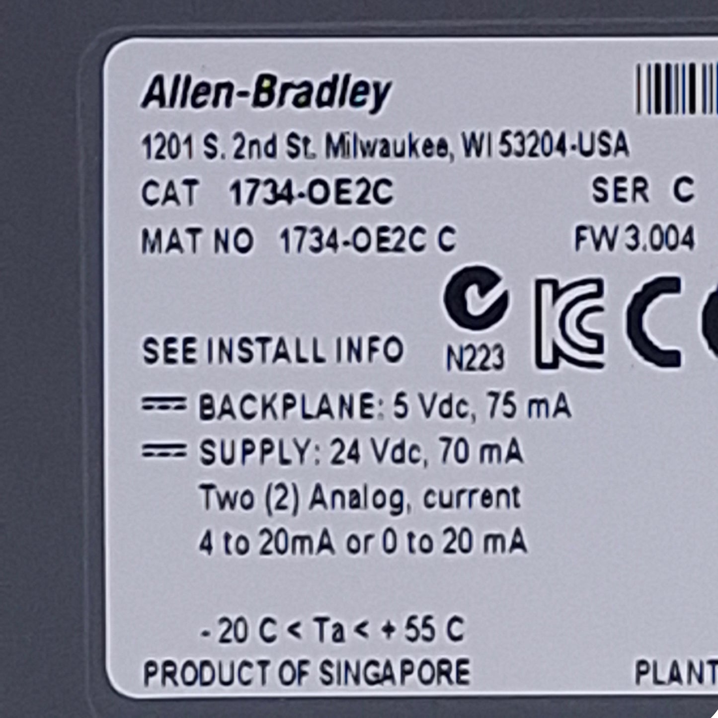 Used Allen Bradley 1734-OE2C Ser. C Analog Output Module, 2x 0/4-20mA Channels, 24VDC