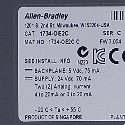 Used Allen Bradley 1734-OE2C Ser. C Analog Output Module, 2x 0/4-20mA Channels, 24VDC