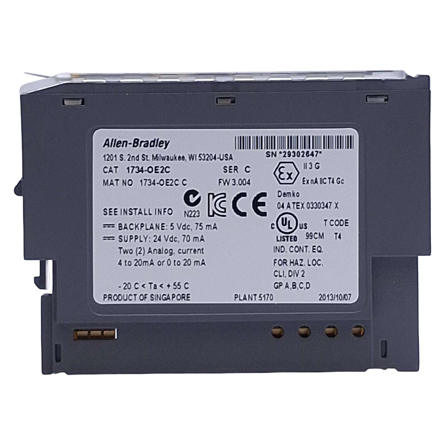 Used Allen Bradley 1734-OE2C Ser. C Analog Output Module, 2x 0/4-20mA Channels, 24VDC