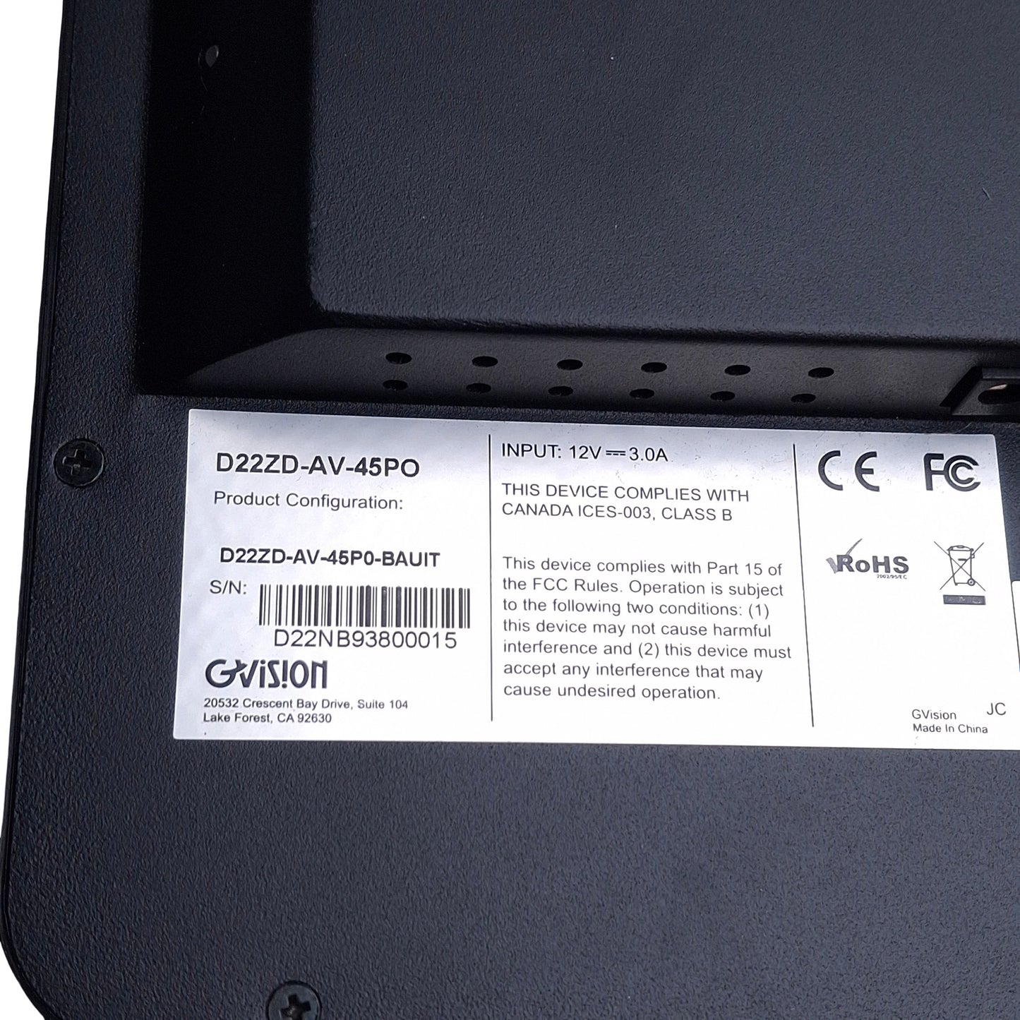 Used Gvision D22ZD-AV-15P0-BAUIT PCAP Touchscreen Monitor 21.5in, 1920x1080, USB-B