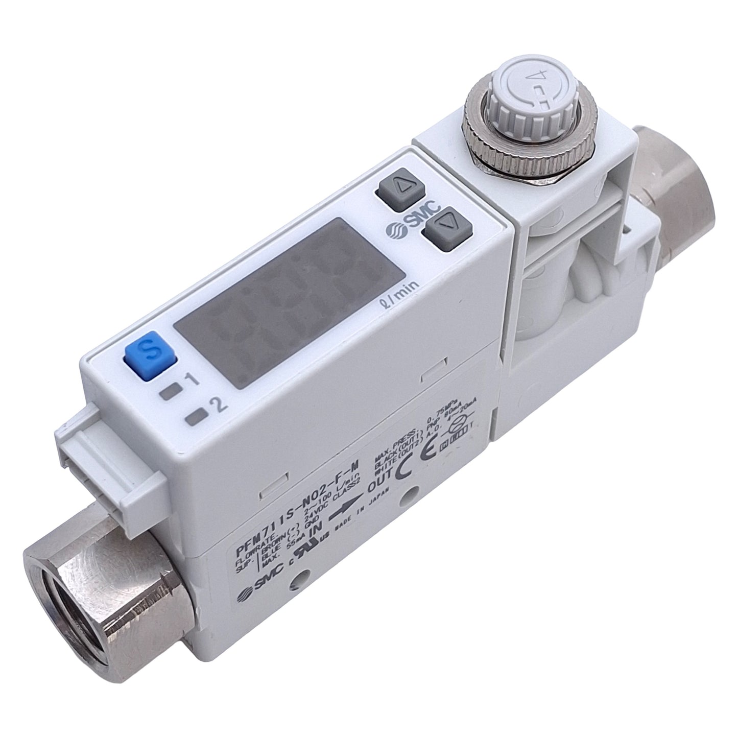 Used SMC PFM711S-N02-F-M Digital Flow Switch PNP+Analog 4-20mA Out, 24VDC, 1/4" NPT