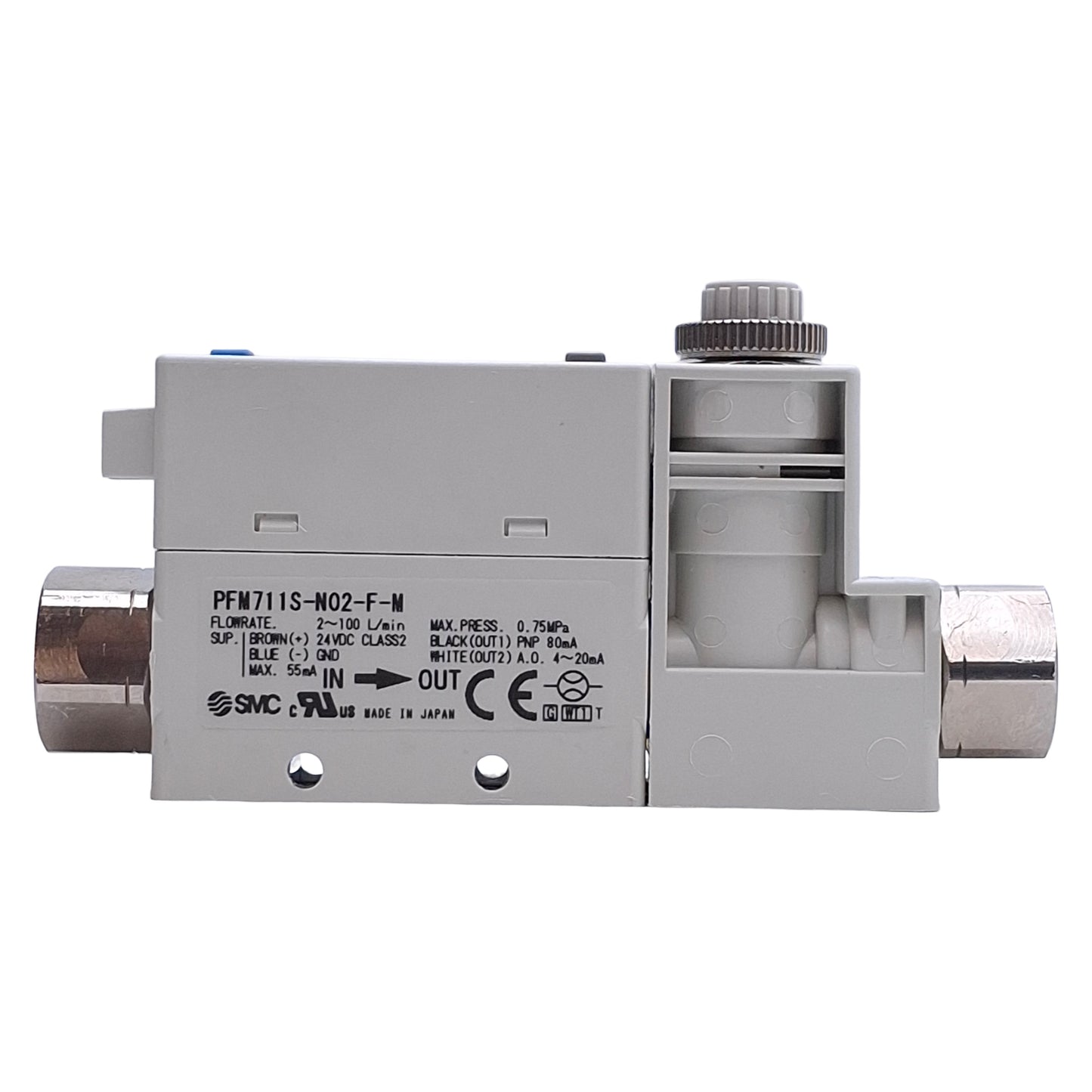 Used SMC PFM711S-N02-F-M Digital Flow Switch PNP+Analog 4-20mA Out, 24VDC, 1/4" NPT