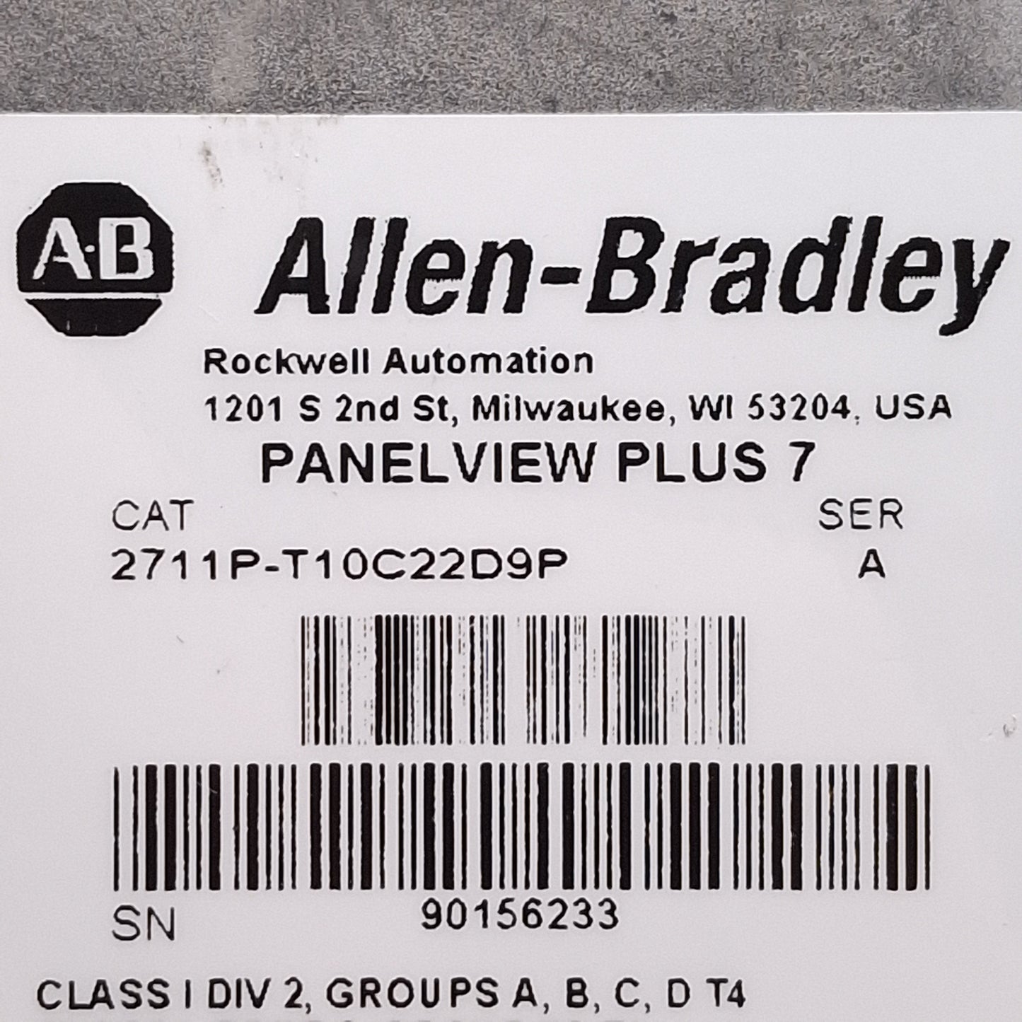 Used Allen Bradley 2711P-T10C22D9P Ser A PanelView Plus 7 HMI, 10in Display, 24VDC