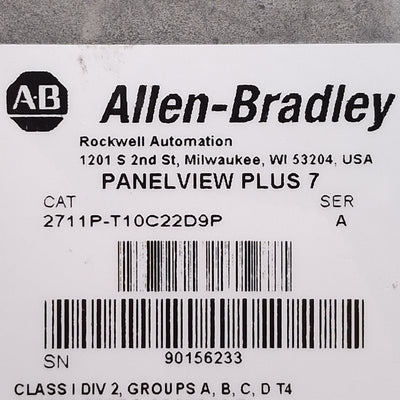 Used Allen Bradley 2711P-T10C22D9P Ser A PanelView Plus 7 HMI, 10in Display, 24VDC
