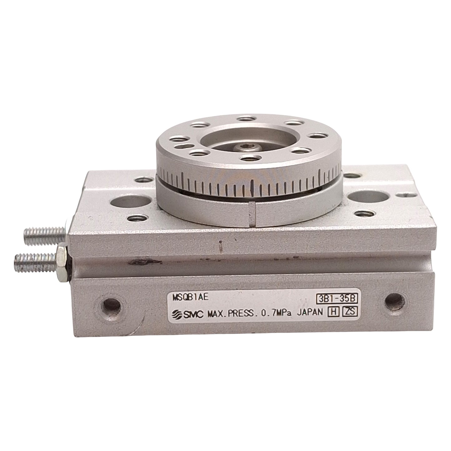 Used SMC MSQB1AE Pneumatic Rotary Table, ø6mm Bore, 190° Rotation, 0.1-0.7MPa, M3x0.5