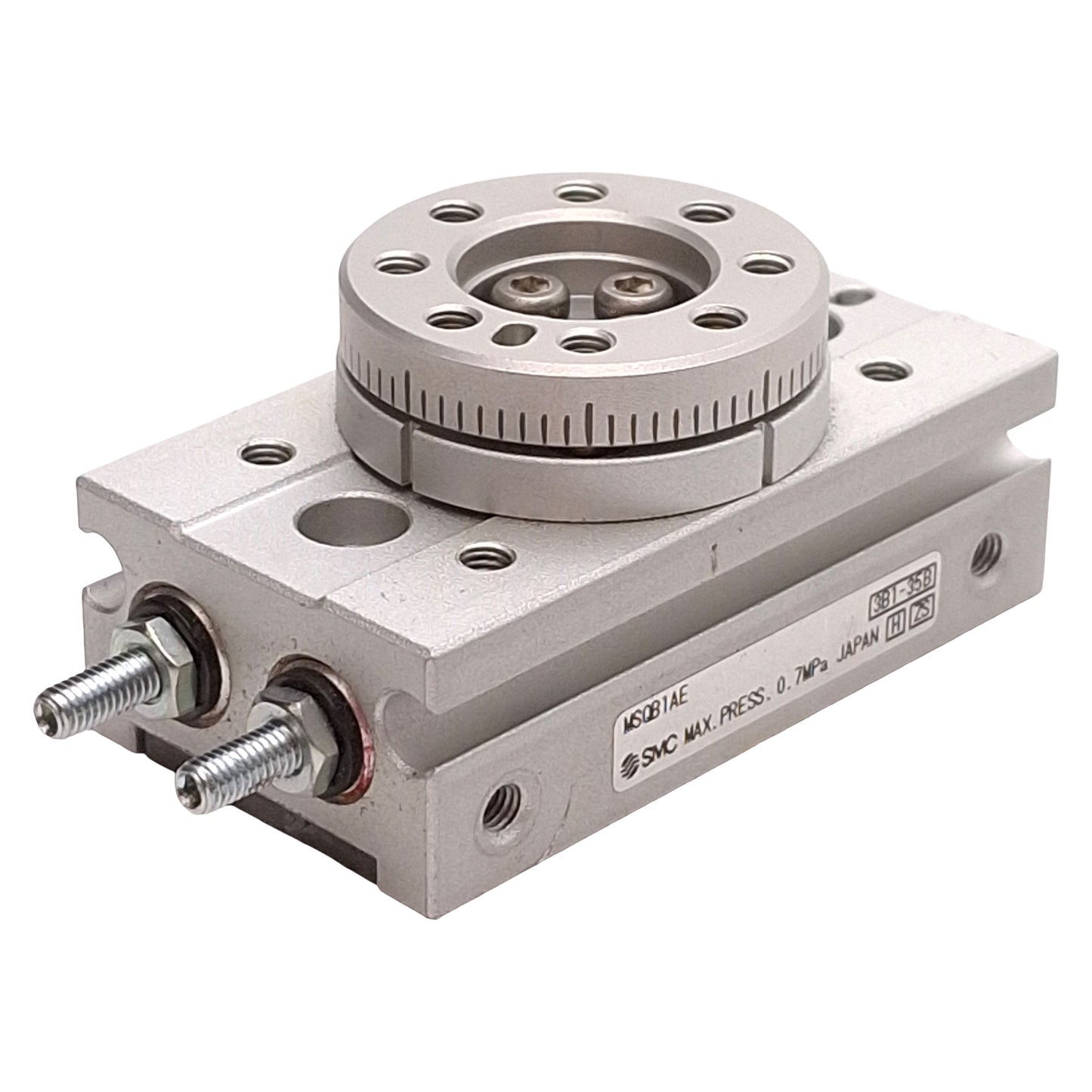 Used SMC MSQB1AE Pneumatic Rotary Table, ø6mm Bore, 190° Rotation, 0.1-0.7MPa, M3x0.5