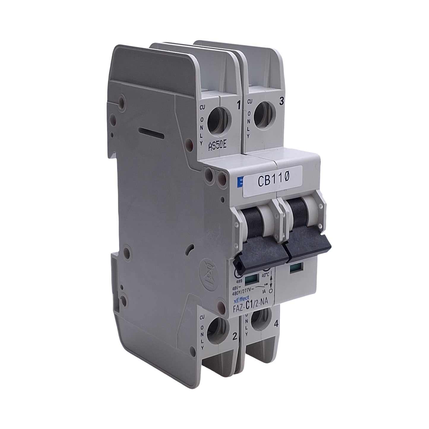 Used Eaton FAZ-C1/2-NA Circuit Breaker, 2-Pole 1A, 480Y/277VAC 48VDC, DIN Rail