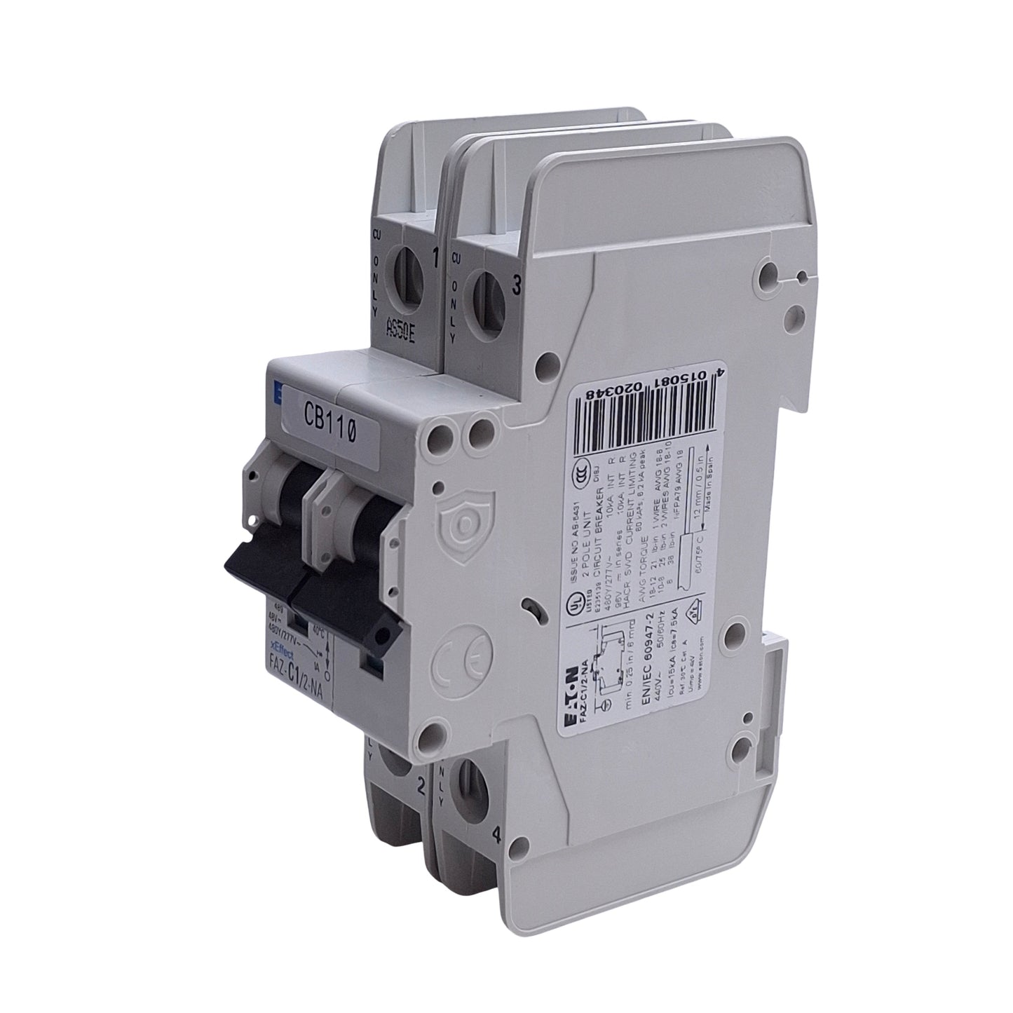 Used Eaton FAZ-C1/2-NA Circuit Breaker, 2-Pole 1A, 480Y/277VAC 48VDC, DIN Rail