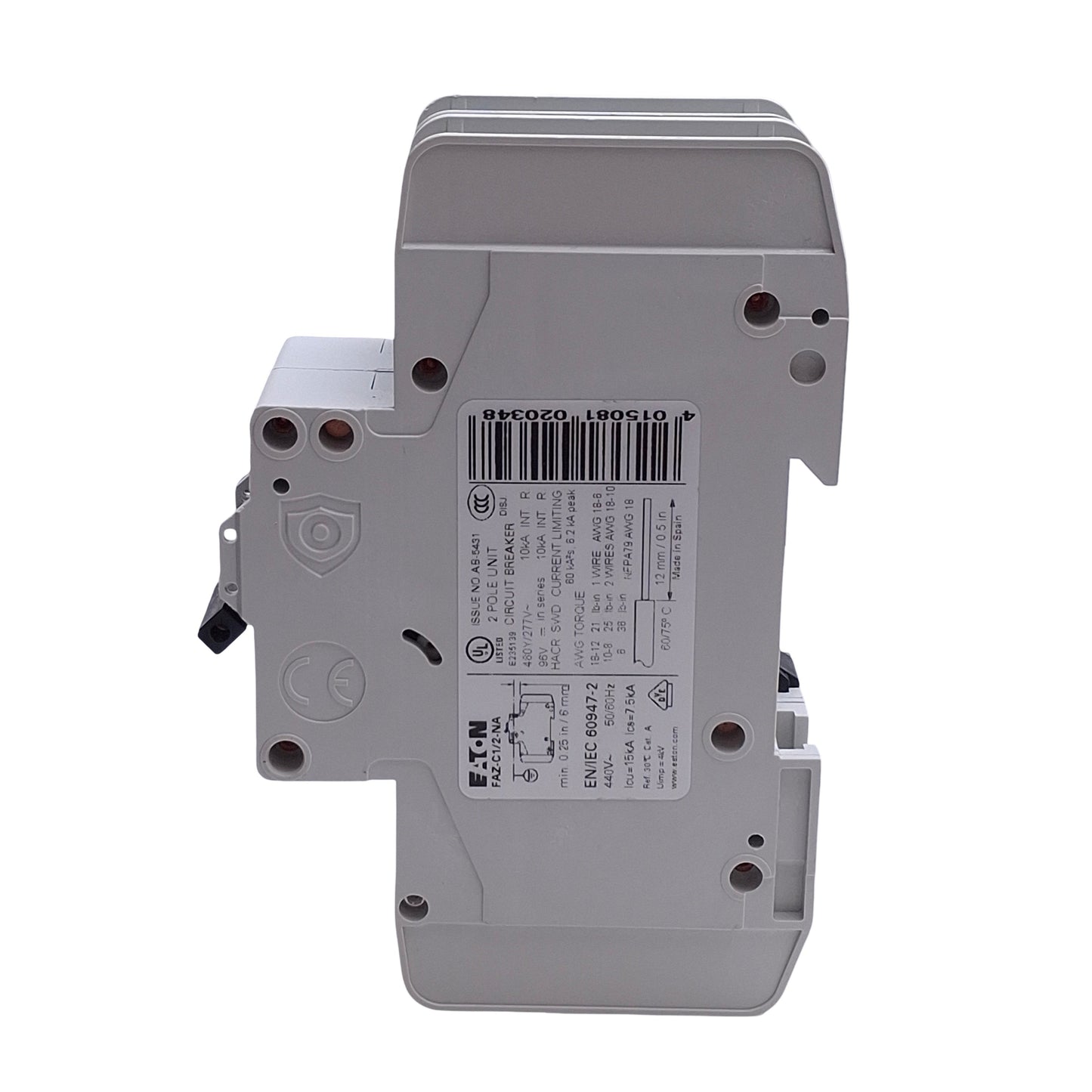 Used Eaton FAZ-C1/2-NA Circuit Breaker, 2-Pole 1A, 480Y/277VAC 48VDC, DIN Rail