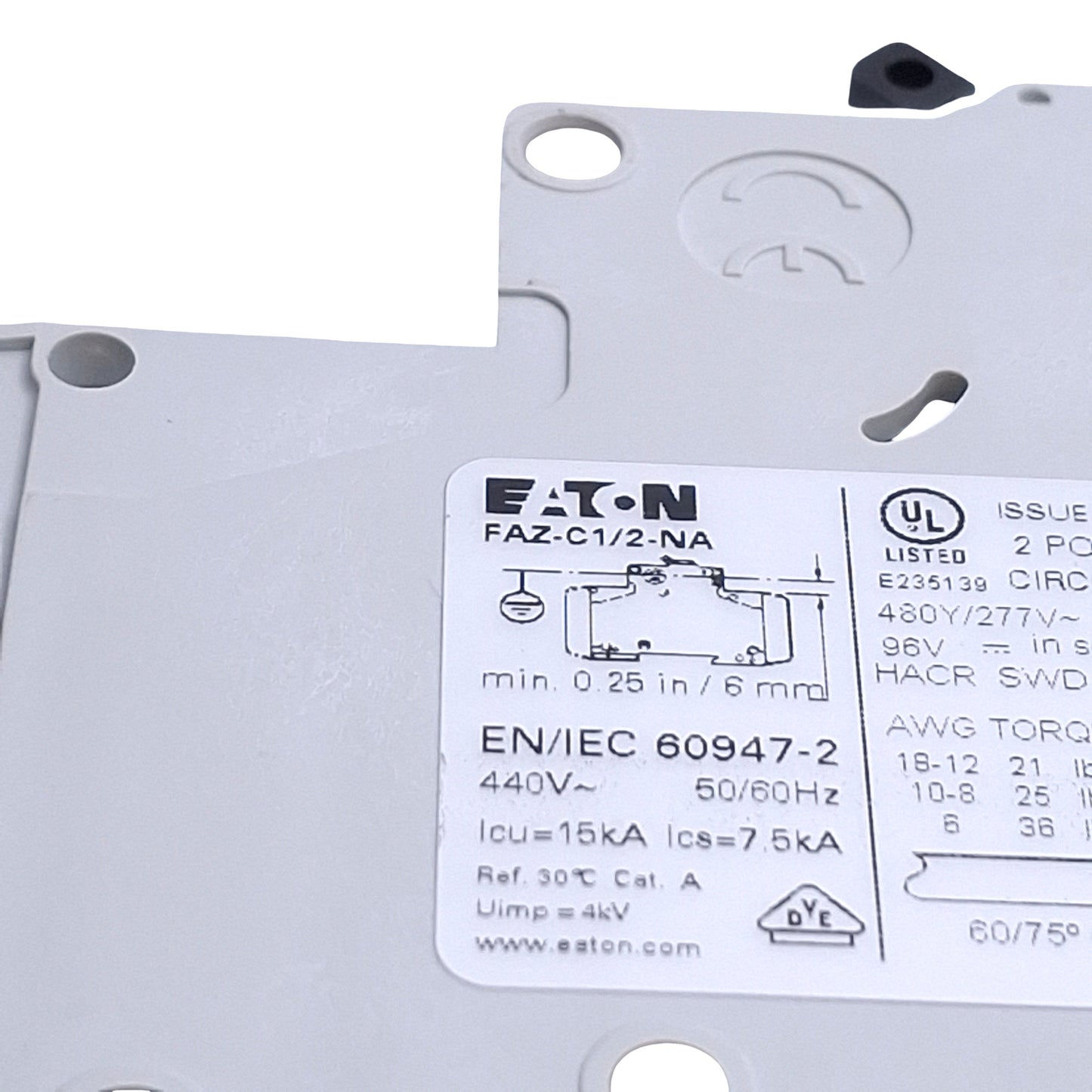 Used Eaton FAZ-C1/2-NA Circuit Breaker, 2-Pole 1A, 480Y/277VAC 48VDC, DIN Rail