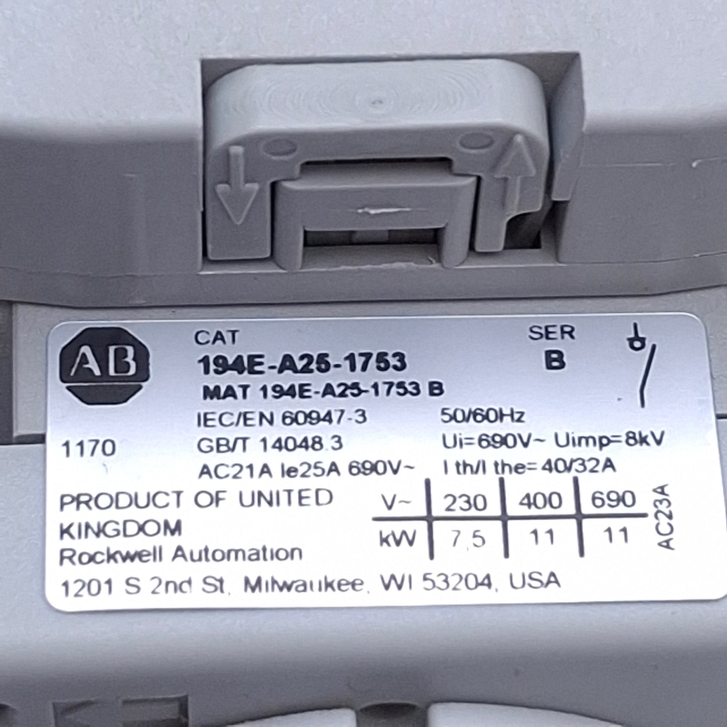 Used Allen Bradley 194E-A25-1753 Ser. B Load Disconnect Switch, 3-Pole, 25A 600VAC