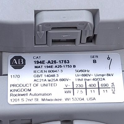 Used Allen Bradley 194E-A25-1753 Ser. B Load Disconnect Switch, 3-Pole, 25A 600VAC