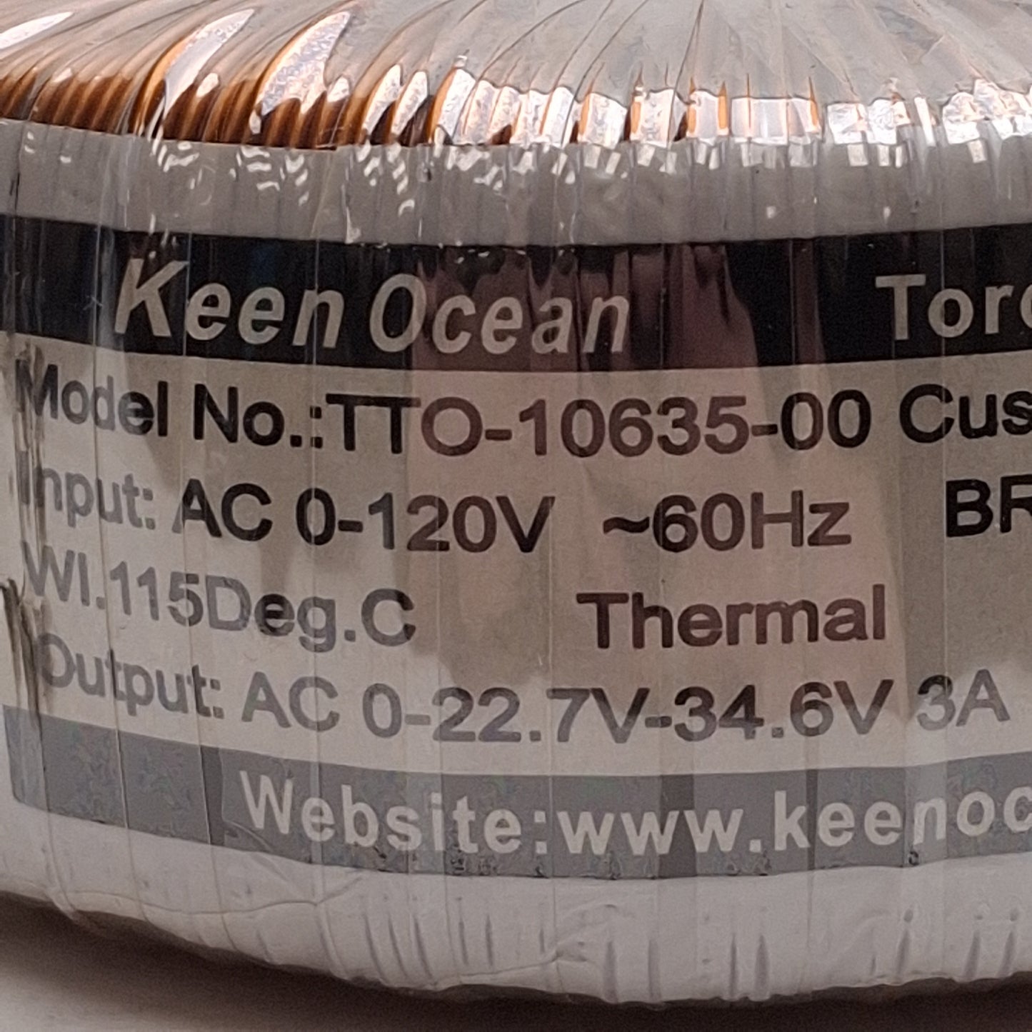 Used Keen Ocean TTO-10635-00 Toroidal Transformer 120VAC Prim, 22.7-34.6VAC 3A Sec